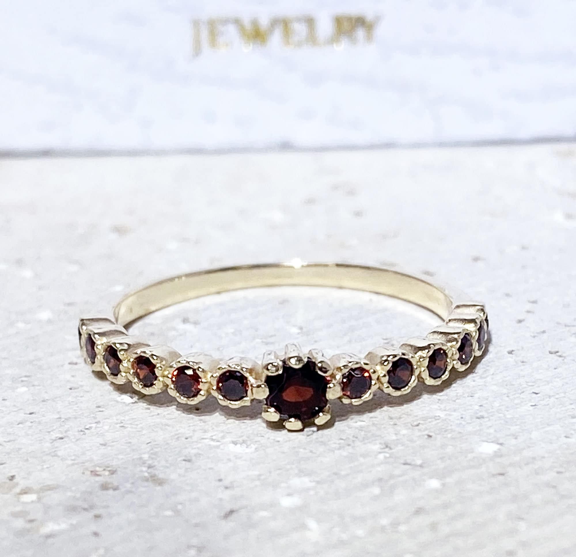 Red Garnet Ring - January Ring - Half Eternity Ring - Stack Ring - Bezel Ring - Tiny Ring - Simple Ring - H.L.Jewelry