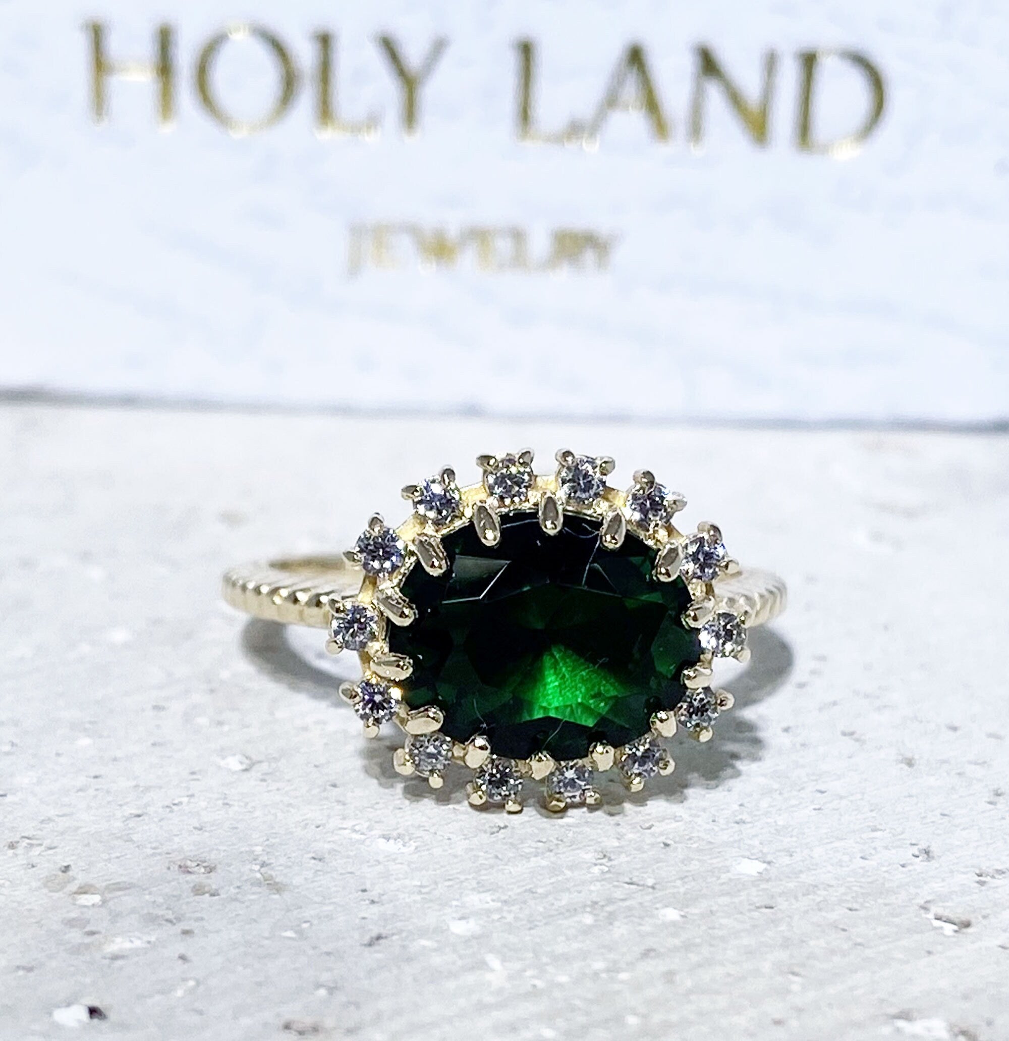 Emerald Ring - May Birthstone - Engagement Ring with Oval Emerald Gemstone and Clear Quartz Halo - H.L.Jewelry