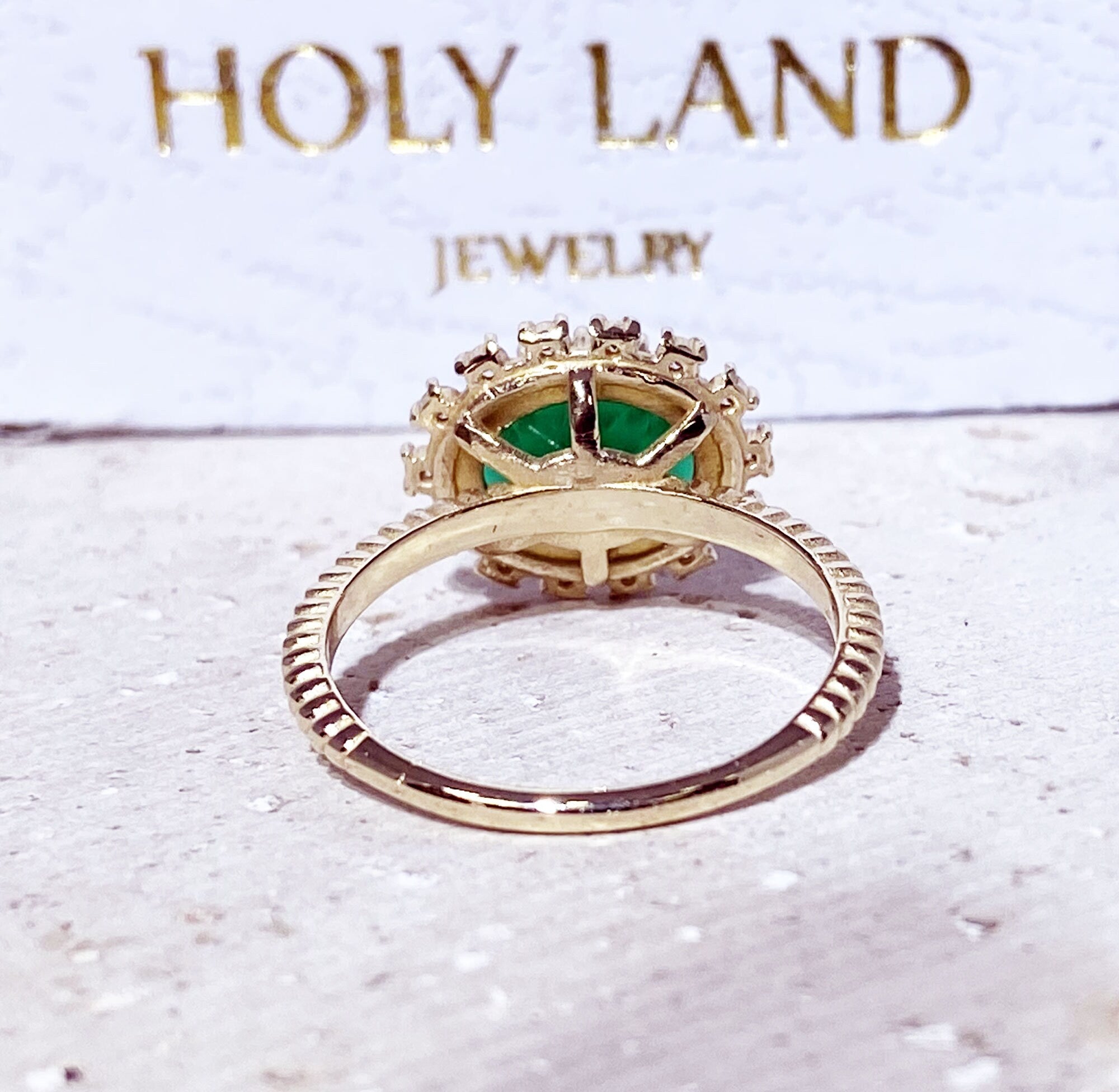 Emerald Ring - May Birthstone - Engagement Ring with Oval Emerald Gemstone and Clear Quartz Halo - H.L.Jewelry