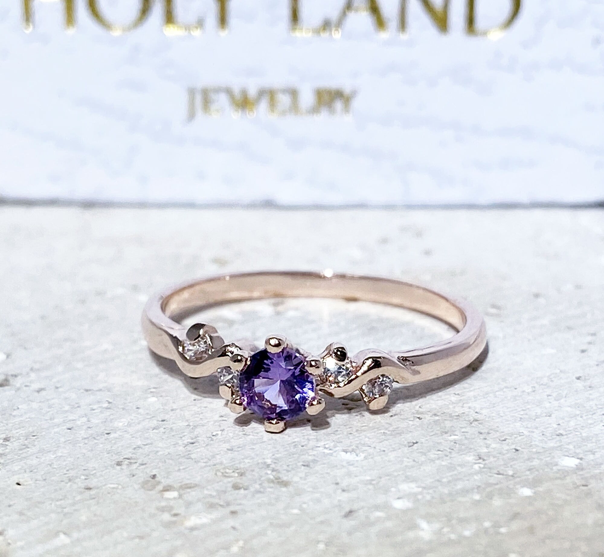 Alexandrite Ring - June Birthstone - Tiny Delicate Ring with Round Alexandrite Gemstone and Clear Quartz Accents - H.L.Jewelry