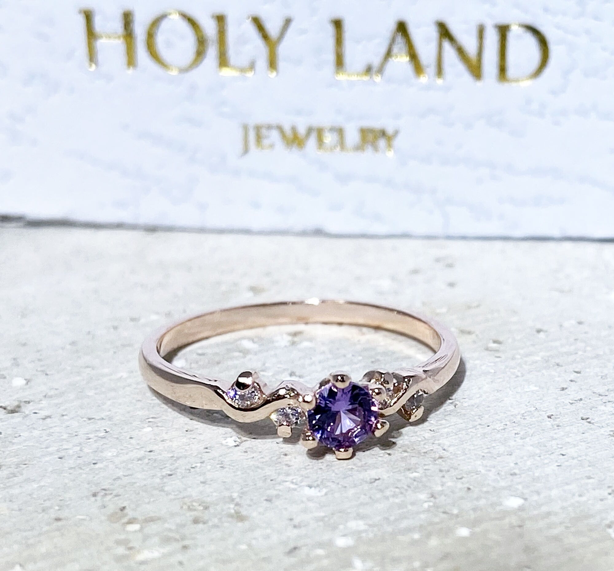 Alexandrite Ring - June Birthstone - Tiny Delicate Ring with Round Alexandrite Gemstone and Clear Quartz Accents - H.L.Jewelry