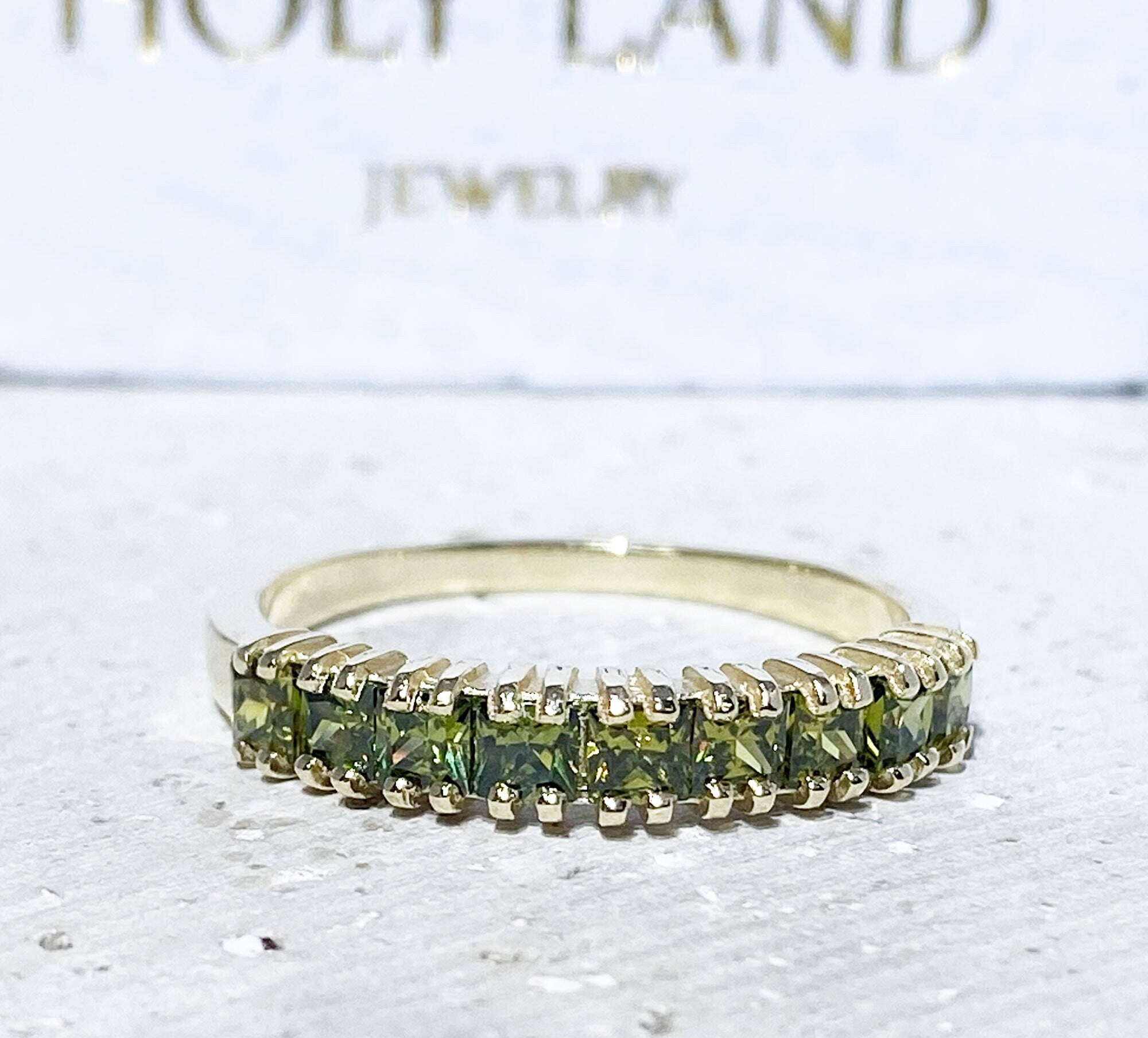 Peridot Ring - August Birthstone -  Stacking Ring with Nine Square Peridot Gemstones - H.L.Jewelry