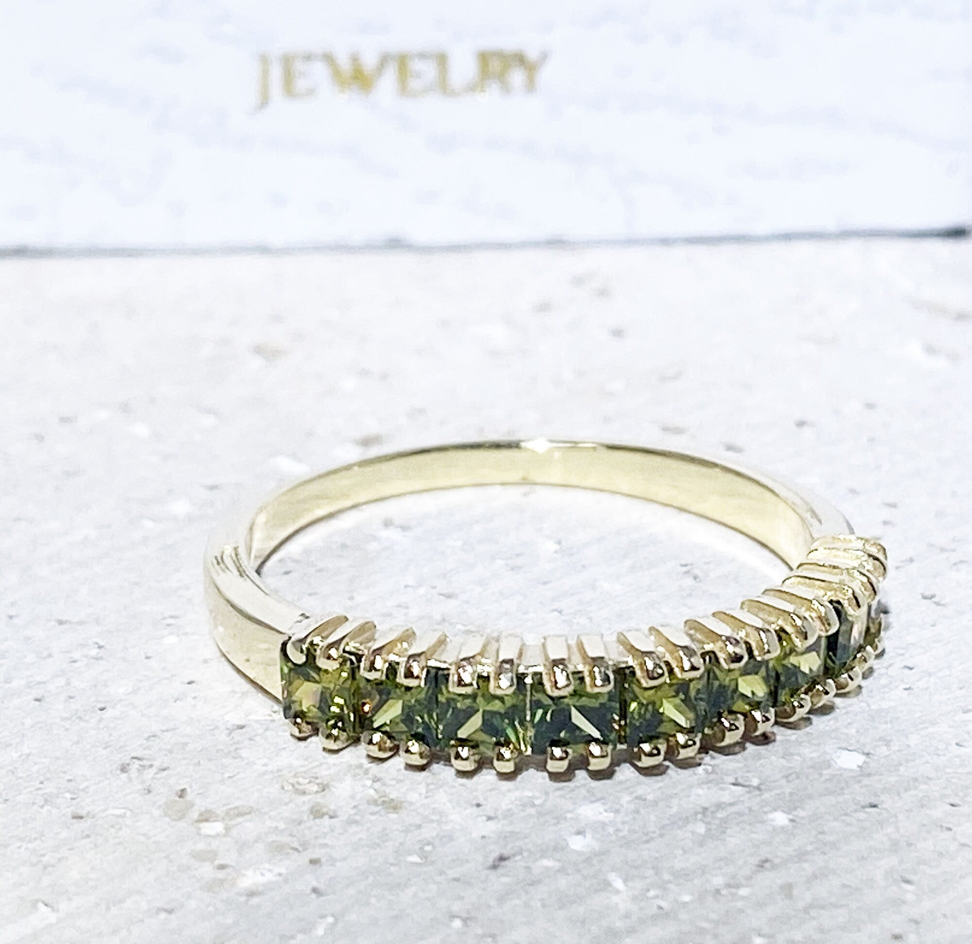 Peridot Ring - August Birthstone -  Stacking Ring with Nine Square Peridot Gemstones - H.L.Jewelry