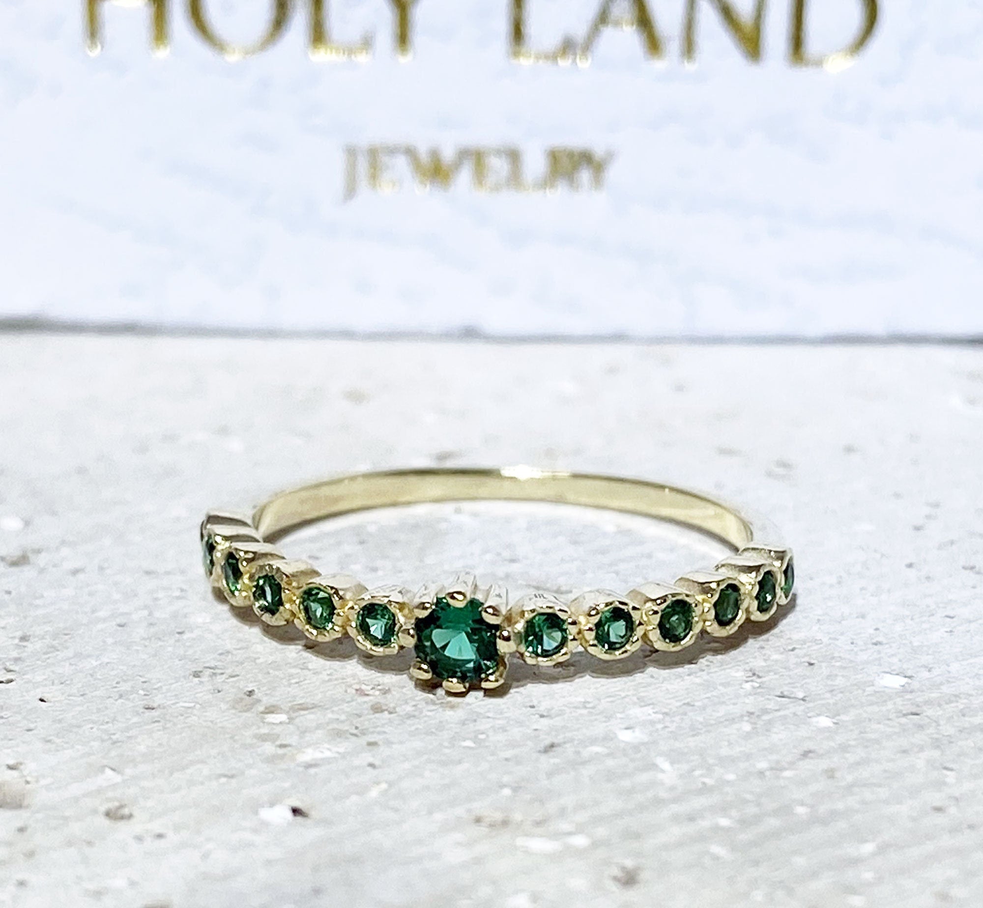 Emerald Ring - May Birthstone Jewelry - Delicate Stacking Half Eternity Ring with Thirteen Round Emerald Gemstones - H.L.Jewelry