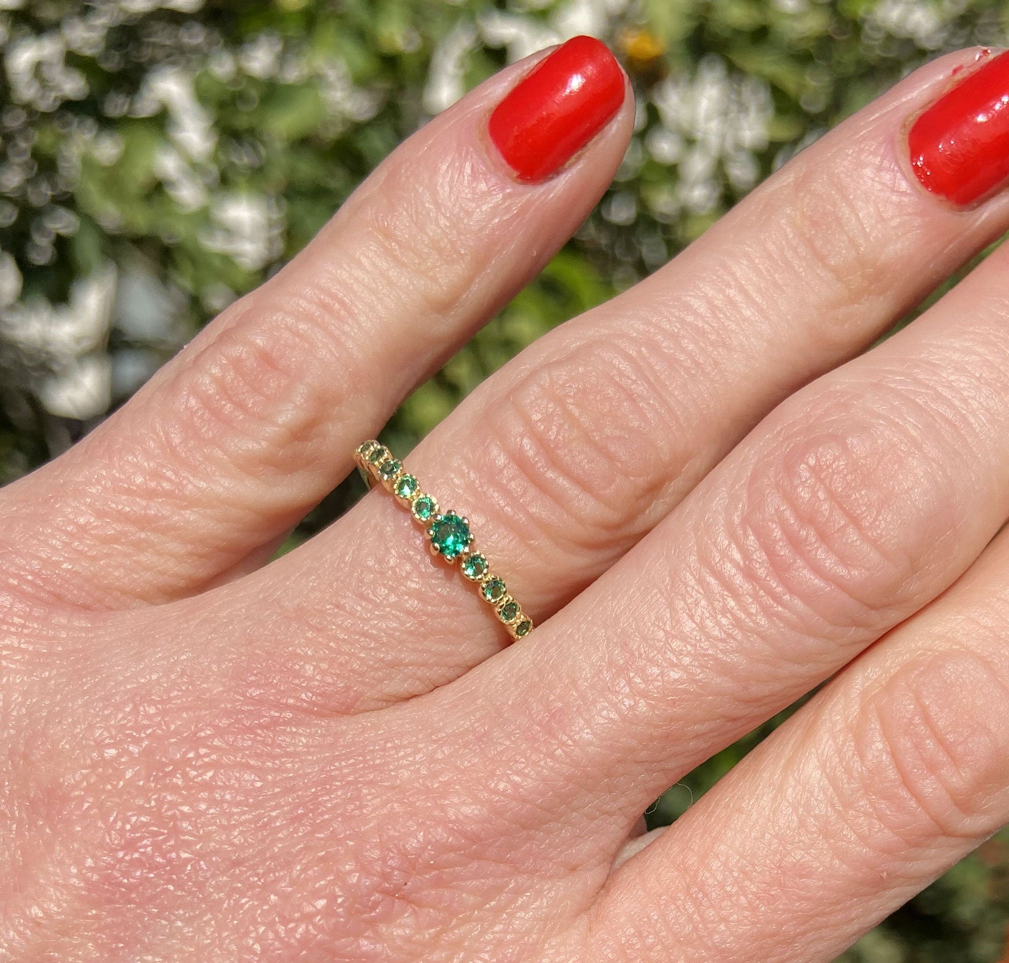 Emerald Ring - May Birthstone Jewelry - Delicate Stacking Half Eternity Ring with Thirteen Round Emerald Gemstones - H.L.Jewelry