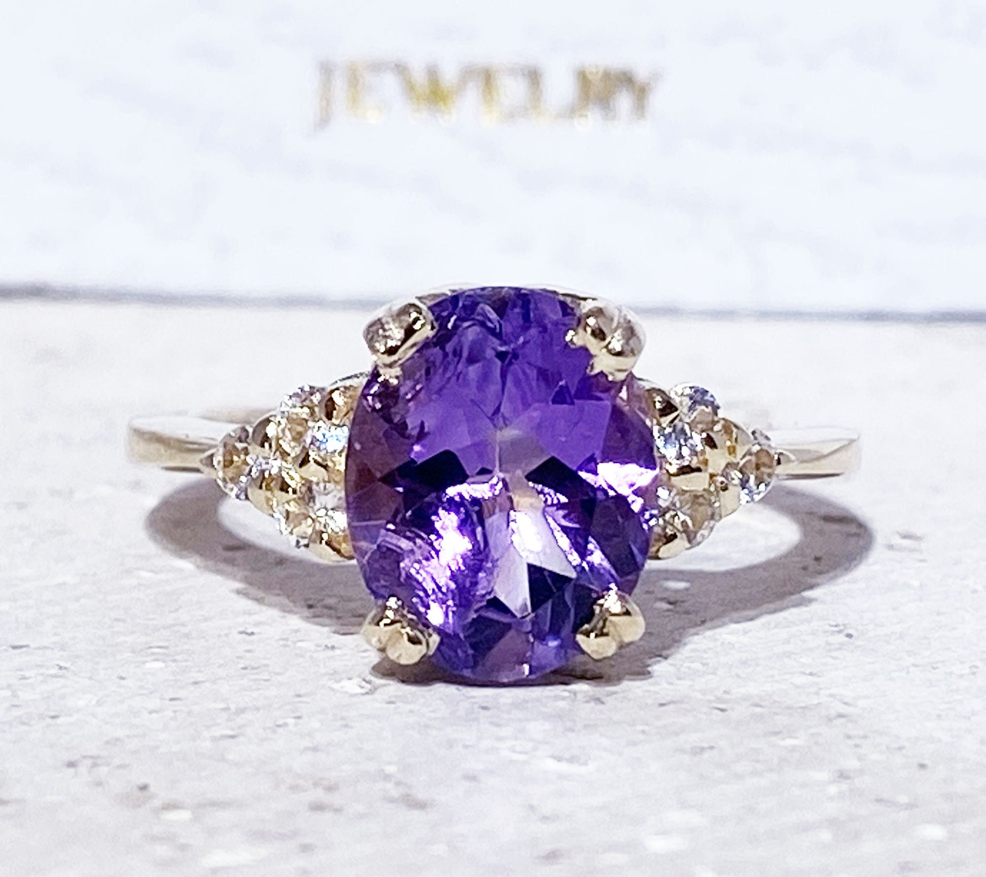 Purple Amethyst Ring - February Birthstone - Oval Purple Amethyst Gemstone Statement Engagement Ring with Clear Quartz Accents - H.L.Jewelry