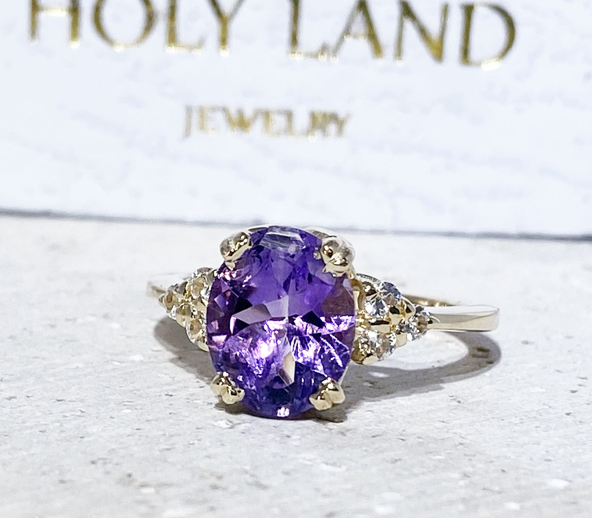 Purple Amethyst Ring - February Birthstone - Oval Purple Amethyst Gemstone Statement Engagement Ring with Clear Quartz Accents - H.L.Jewelry