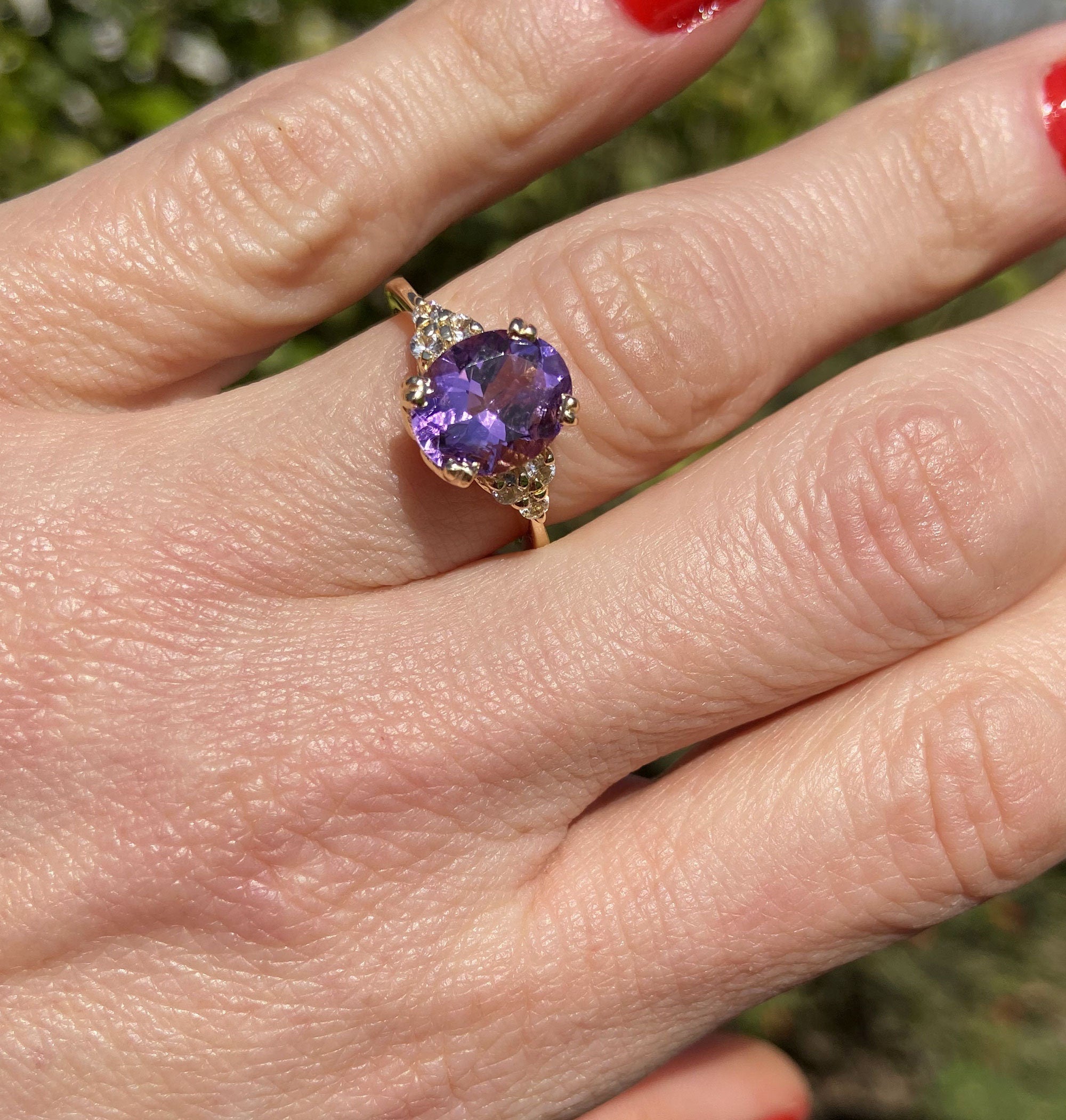 Purple Amethyst Ring - February Birthstone - Oval Purple Amethyst Gemstone Statement Engagement Ring with Clear Quartz Accents - H.L.Jewelry