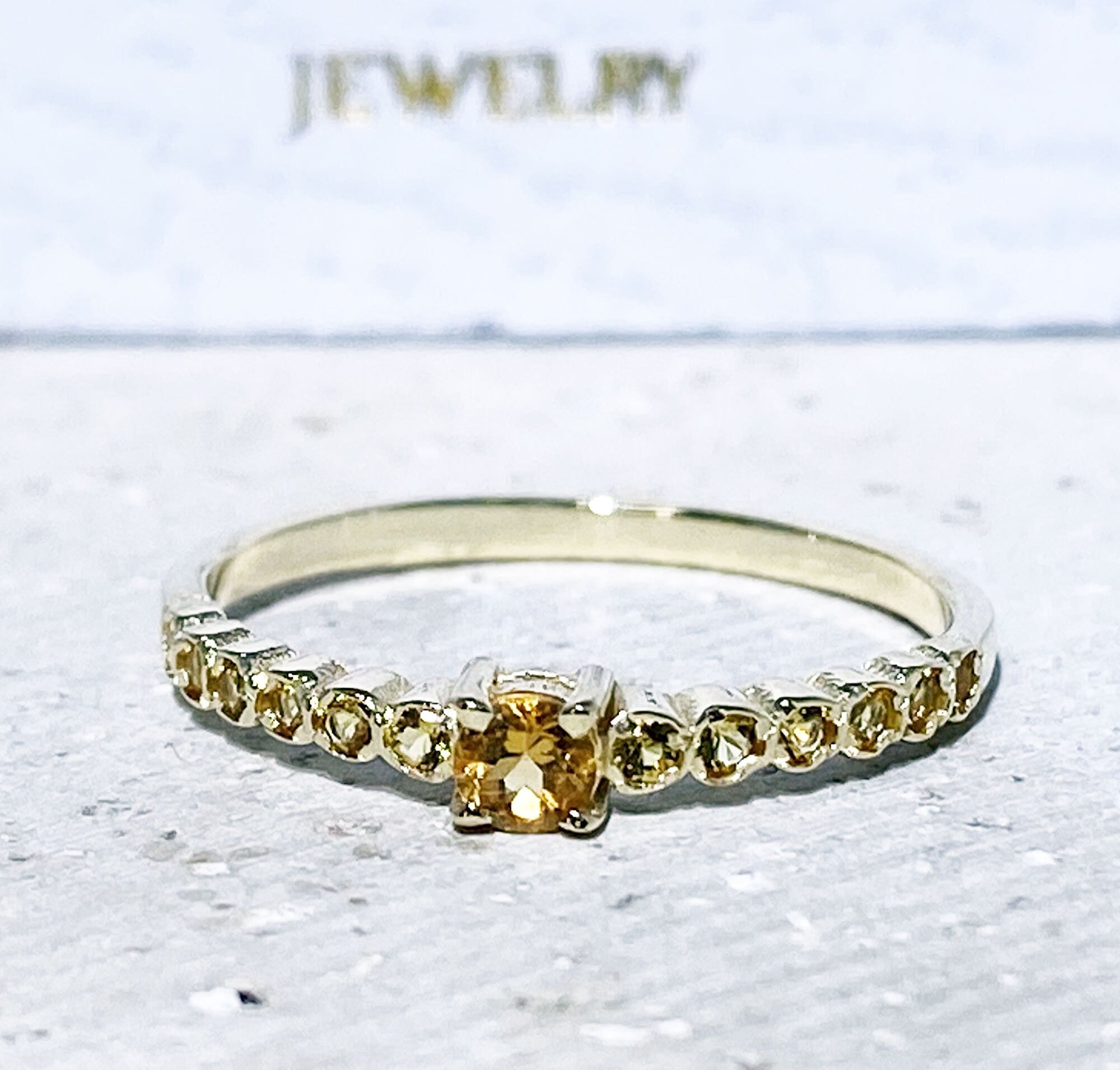 Citrine Ring - November Birthstone - Stacking Half Eternity Ring with Thirteen Round Citrine Gemstones - H.L.Jewelry