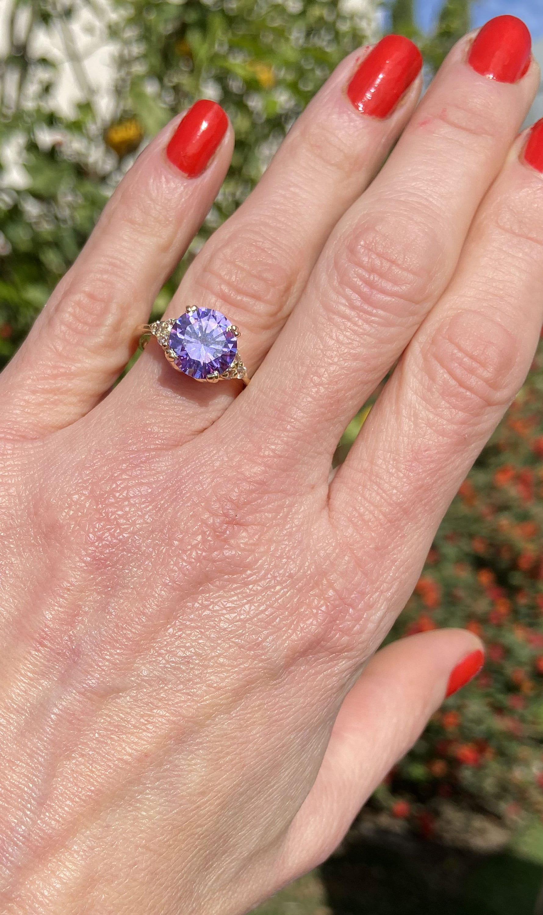 Lavender Amethyst Ring - Statement Engagement Ring with Round Lavender Amethyst Gemstone and Clear Quartz Accents - H.L.Jewelry