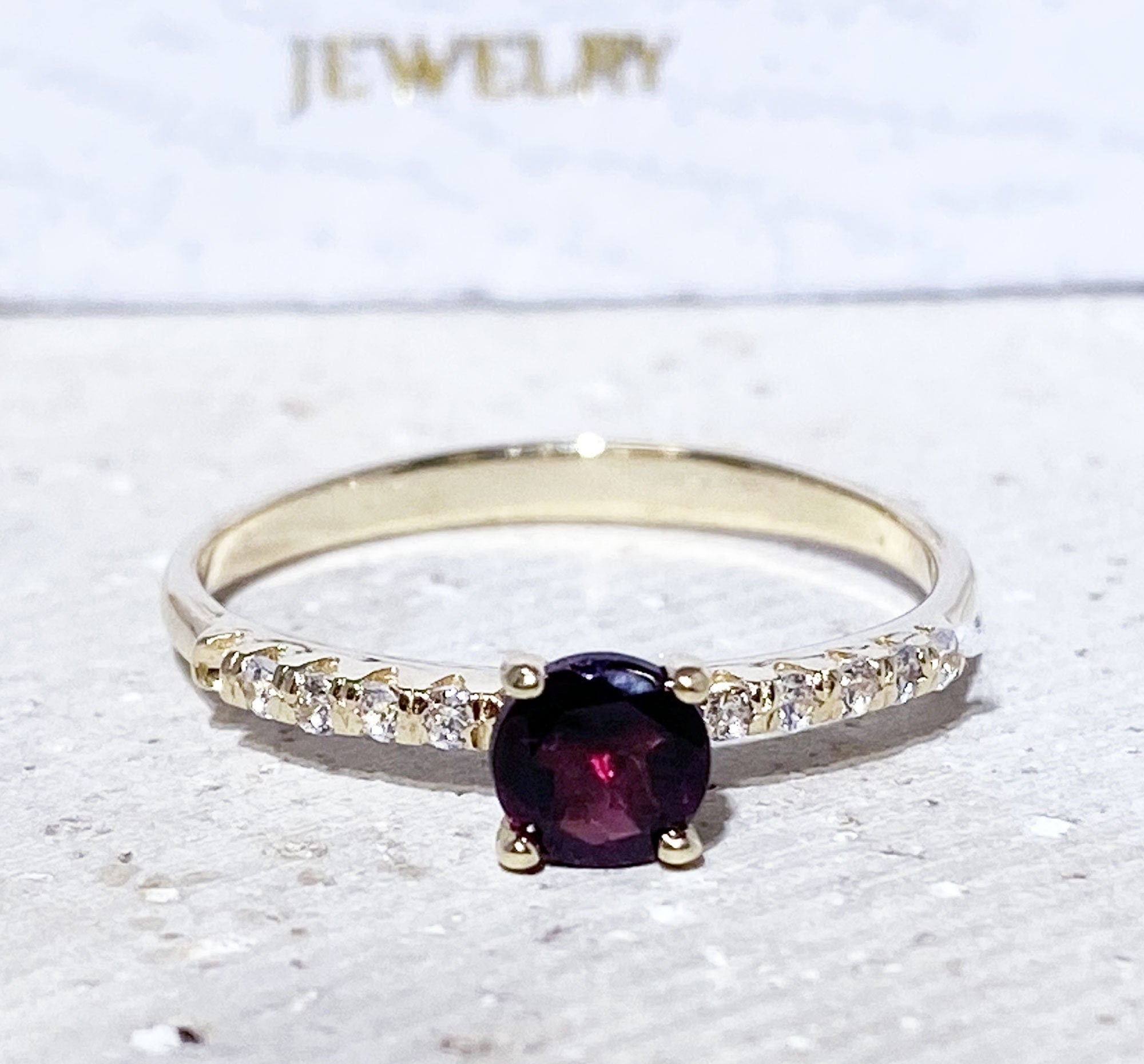 Red Garnet Ring - January Birthstone - Round Red Garnet Gemstone Ring with Clear Quartz Accents - H.L.Jewelry