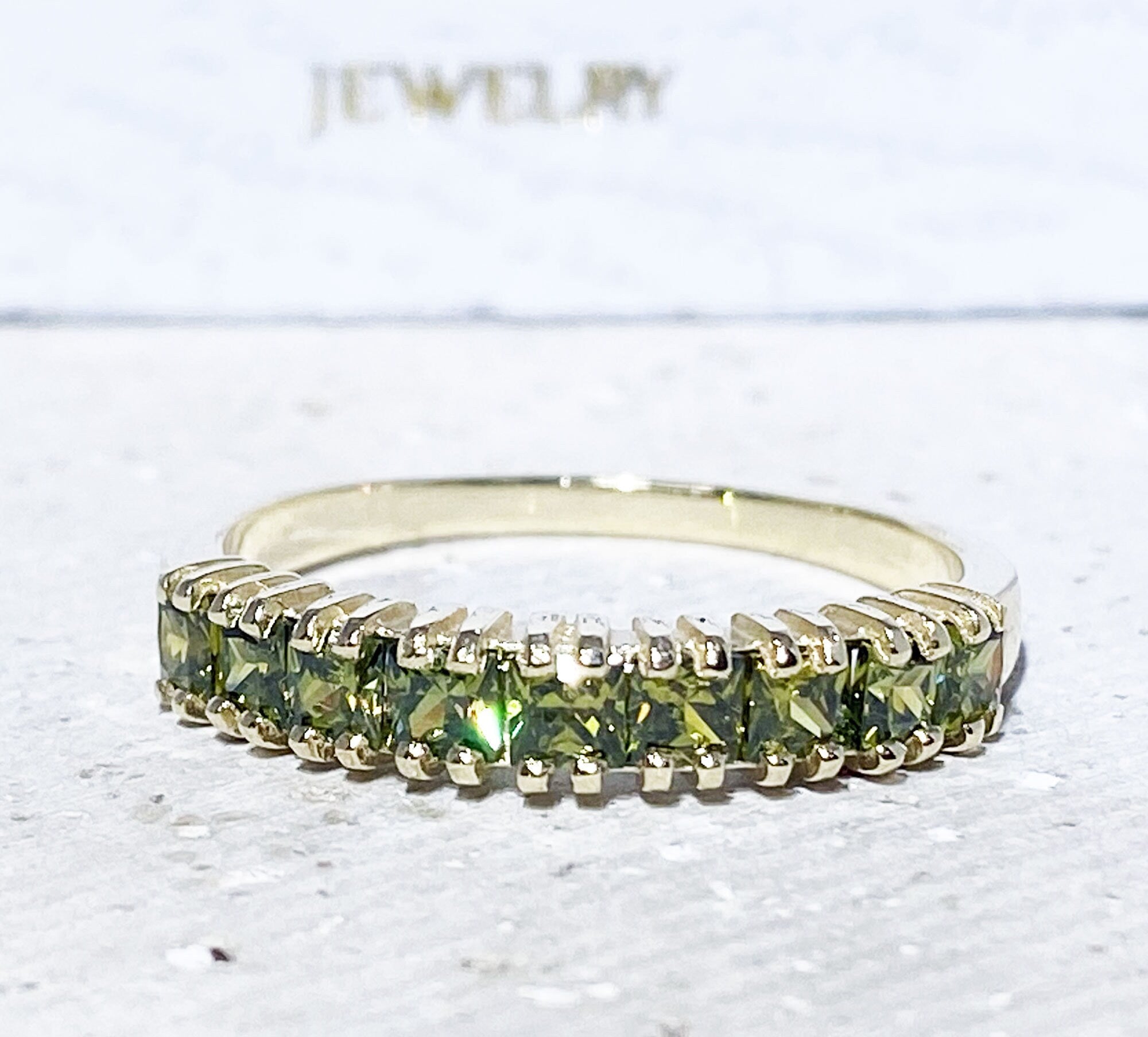 Peridot Ring - August Birthstone -  Stacking Ring with Nine Square Peridot Gemstones - H.L.Jewelry