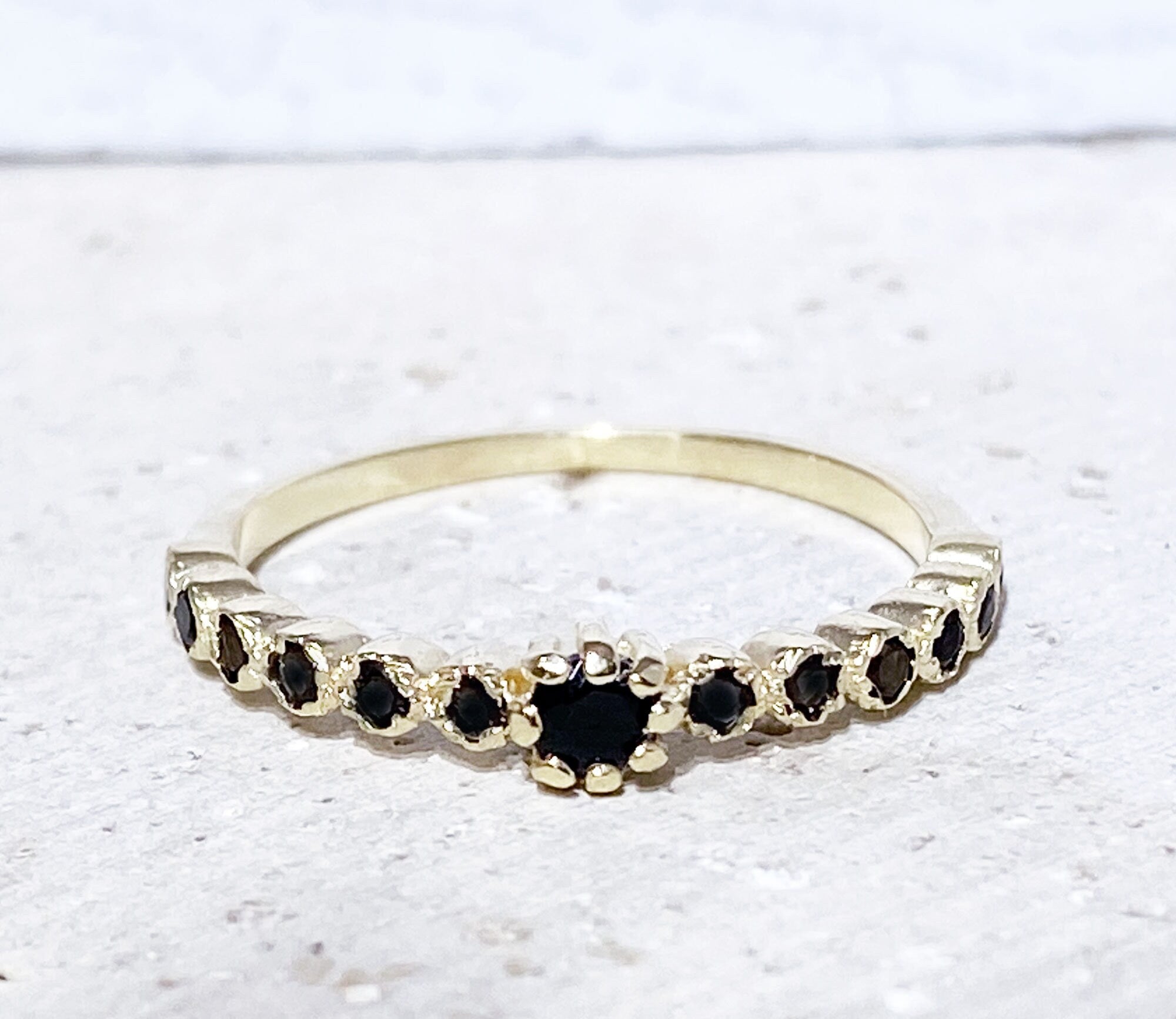 Black Onyx Ring - December Birthstone - Delicate Stacking Ring with Thirteen Round Black Onyx Gemstones - H.L.Jewelry