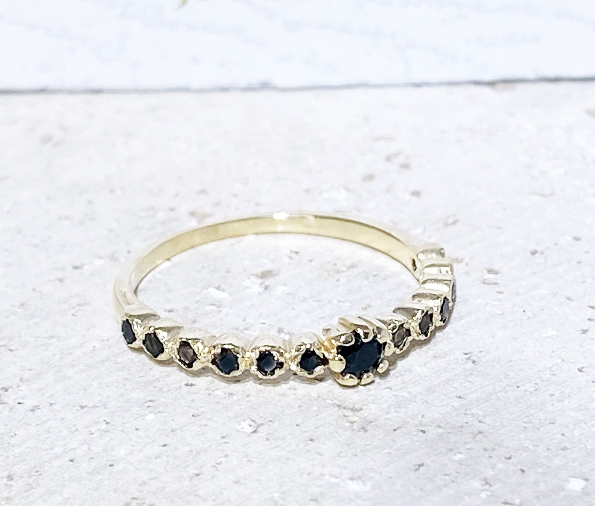 Black Onyx Ring - December Birthstone - Delicate Stacking Ring with Thirteen Round Black Onyx Gemstones - H.L.Jewelry