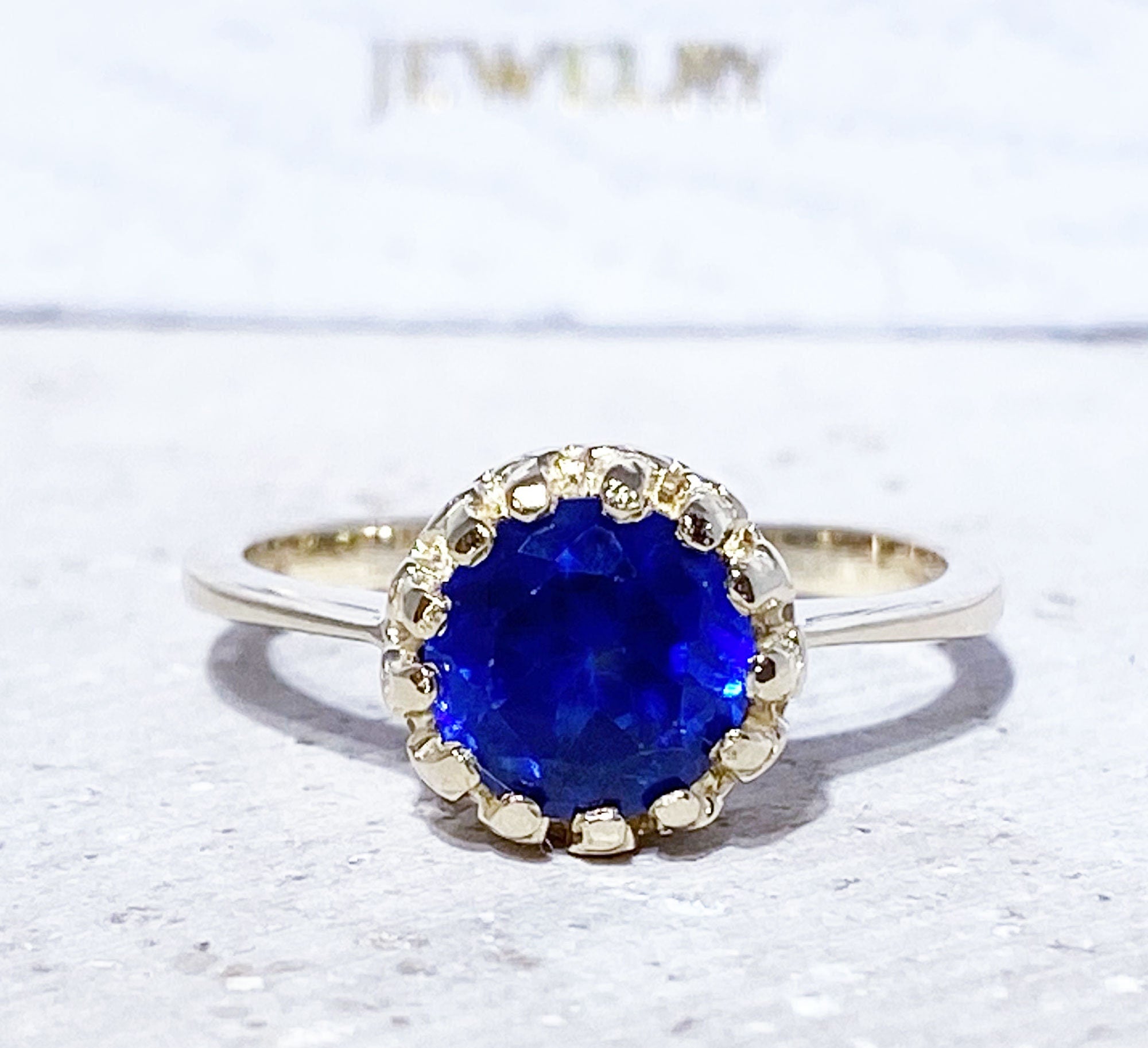 Blue Sapphire Ring - September Birthstone - Blue Sapphire Gemstone Round Crown Ring - H.L.Jewelry