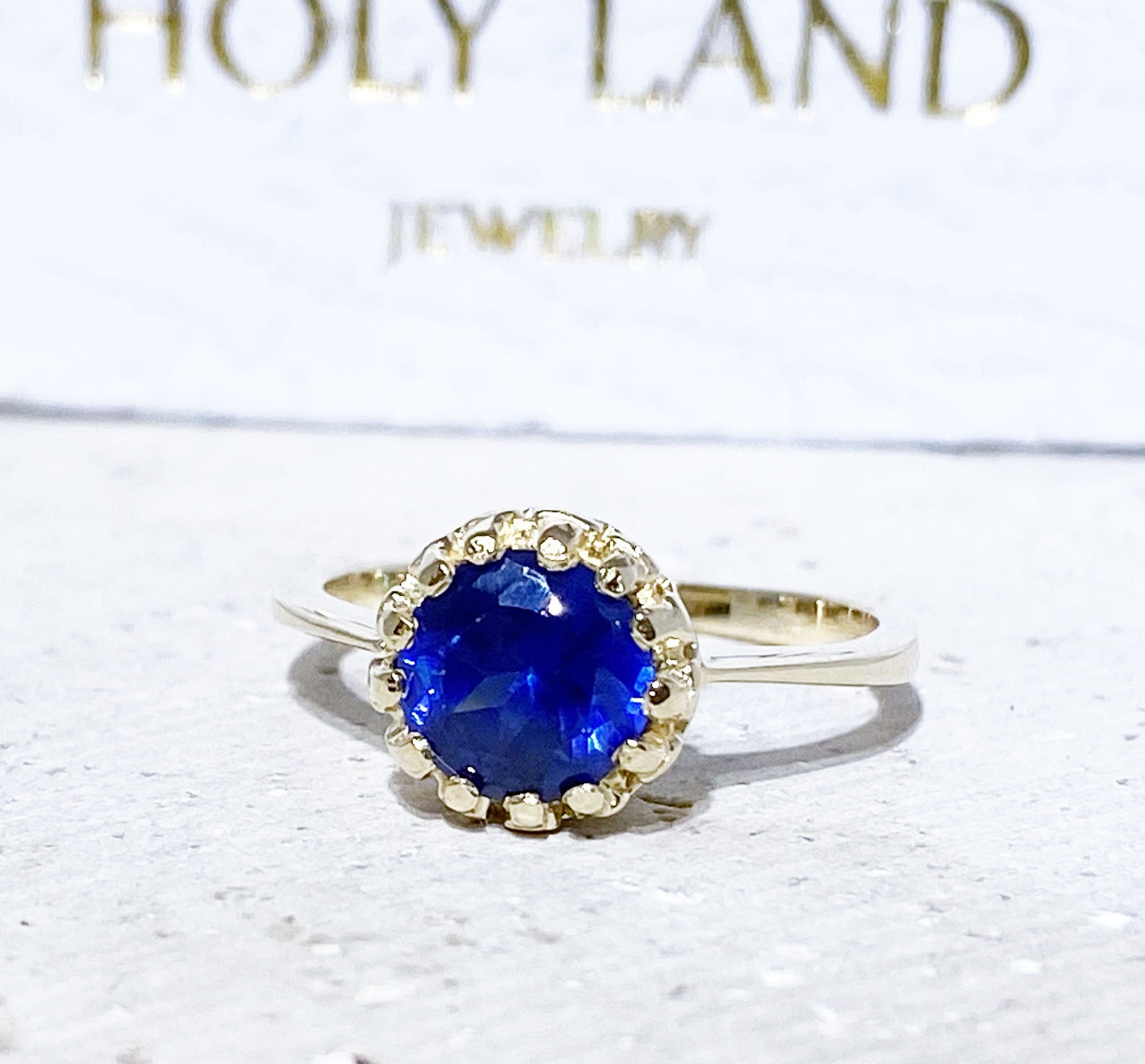 Blue Sapphire Ring - September Birthstone - Blue Sapphire Gemstone Round Crown Ring - H.L.Jewelry