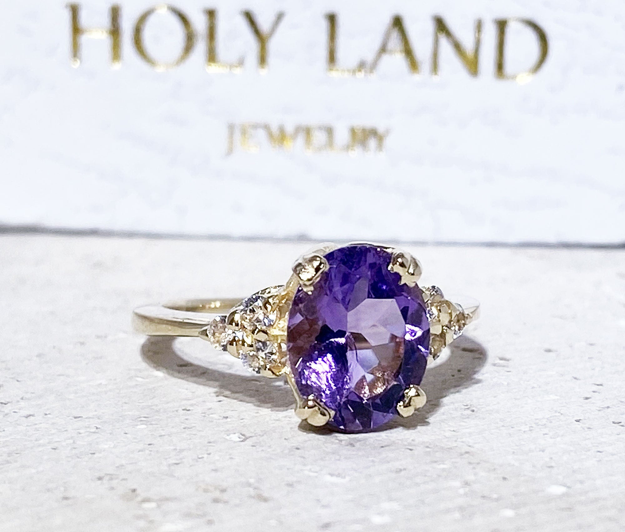 Purple Amethyst Ring - February Birthstone - Oval Purple Amethyst Gemstone Statement Engagement Ring with Clear Quartz Accents - H.L.Jewelry