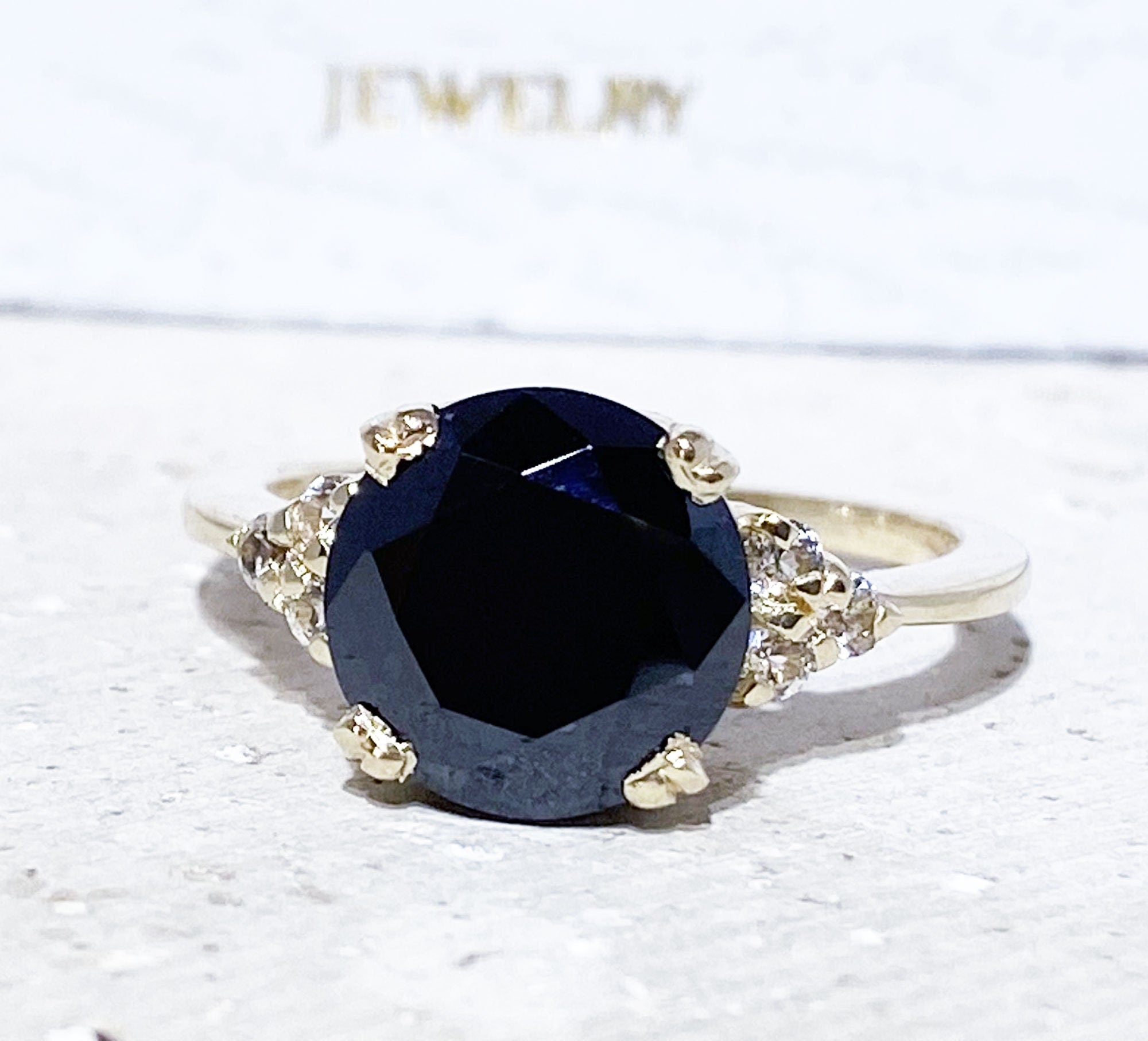 Black Onyx Ring - December Birthstone - Statement Engagement Ring with Round Black Onyx Middle Gemstone and Clear Quartz Accents - H.L.Jewelry