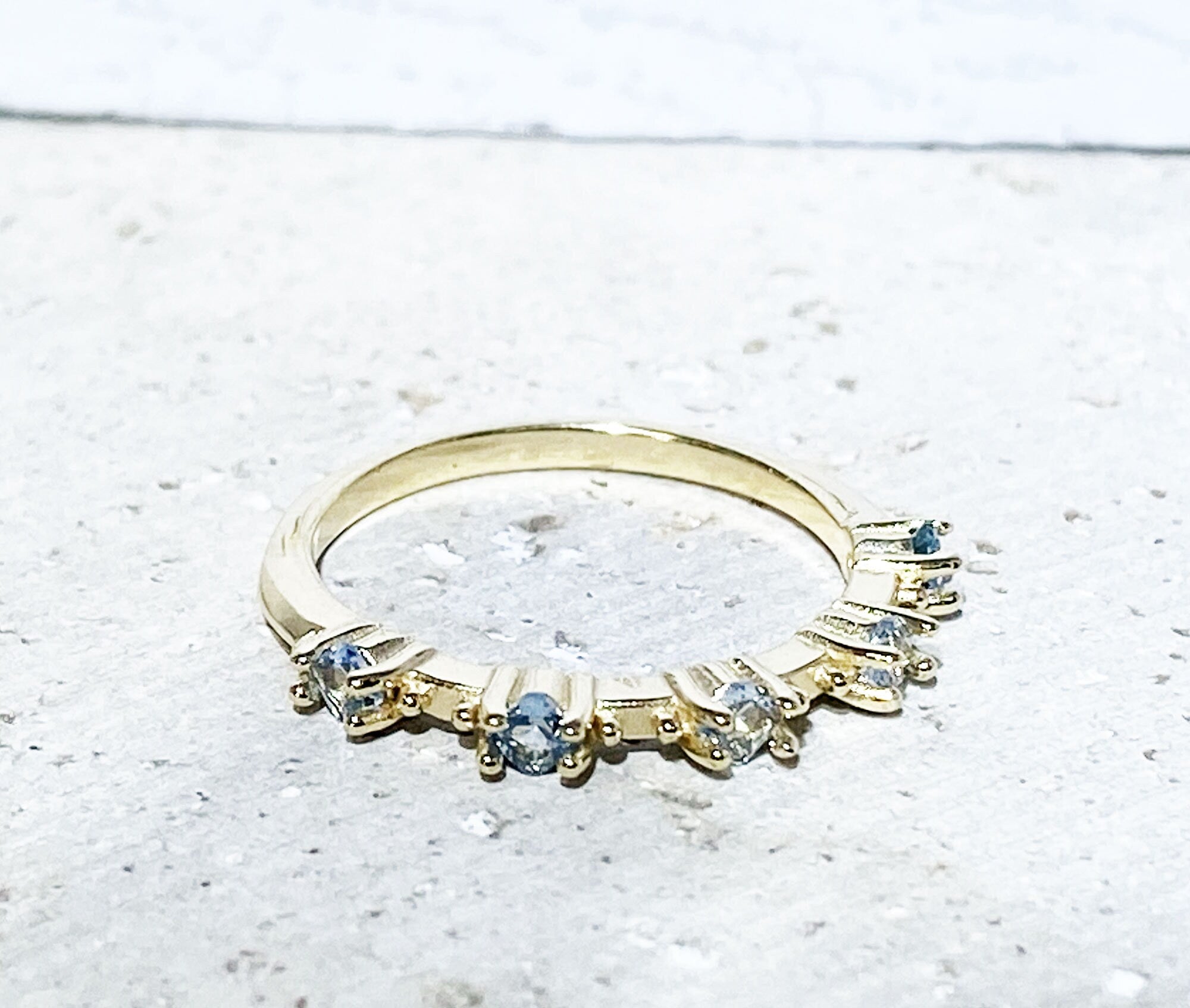 Aquamarine Ring - March Birthstone - Stacking Ring with Five Square Aquamarine Gemstones - H.L.Jewelry