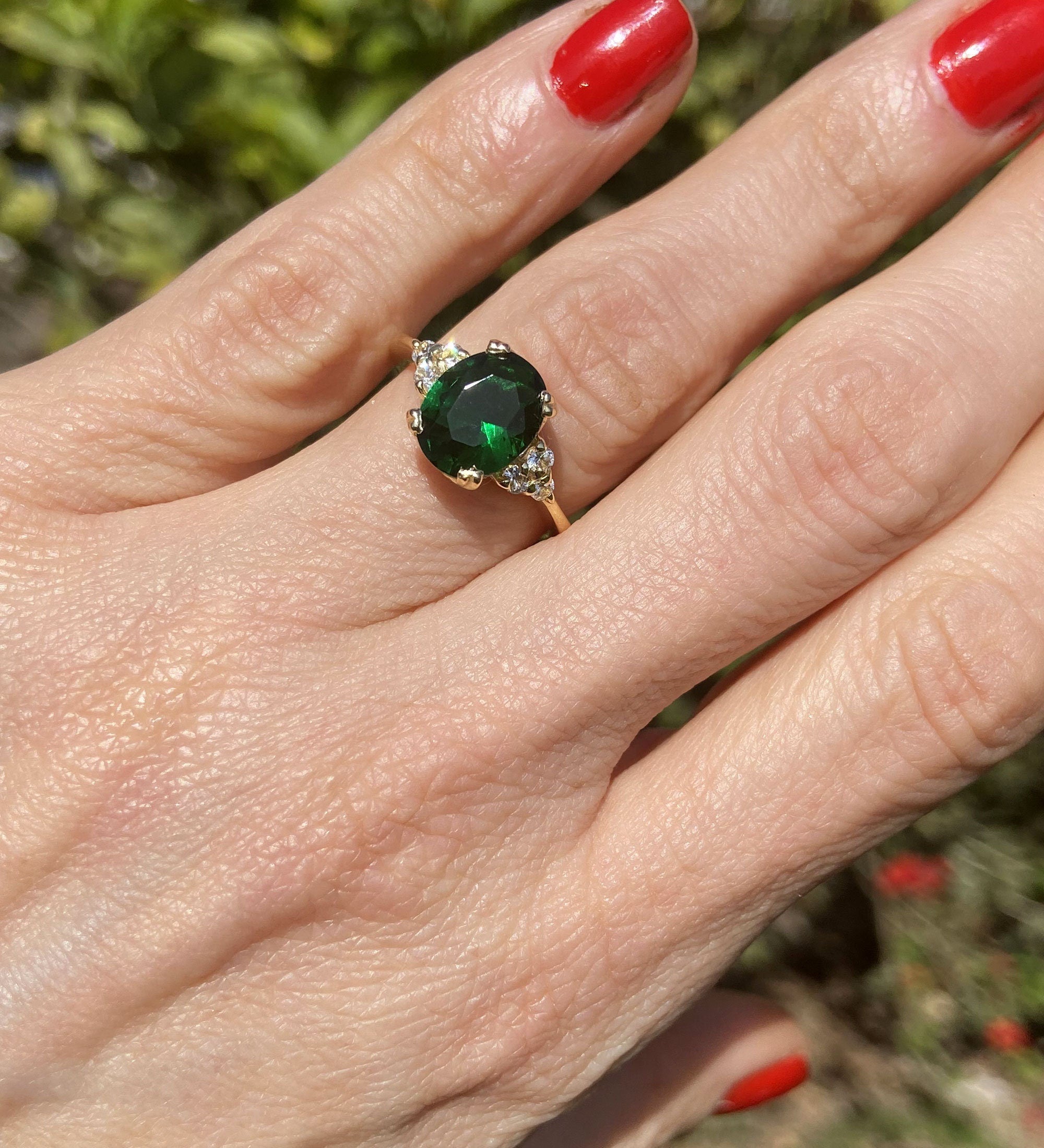 Emerald Ring - May Birthstone - Statement Engagement Ring with Oval Emerald Gemstone and Clear Quartz Accents - H.L.Jewelry