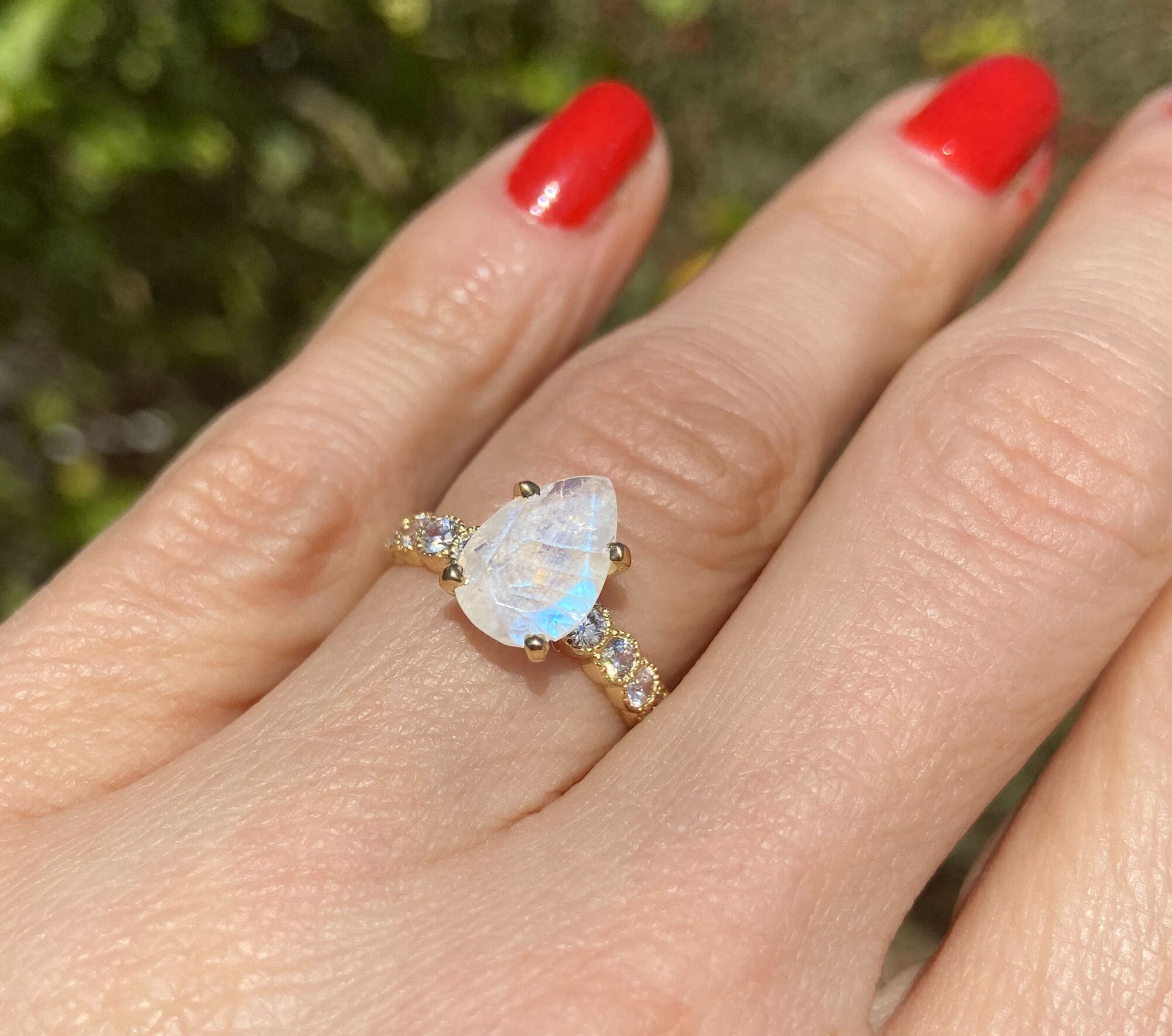 Rainbow Moonstone Ring - June Birthstone - Pear-Shaped Rainbow Moonstone Statement Engagement Ring with Clear Quartz Accents - H.L.Jewelry