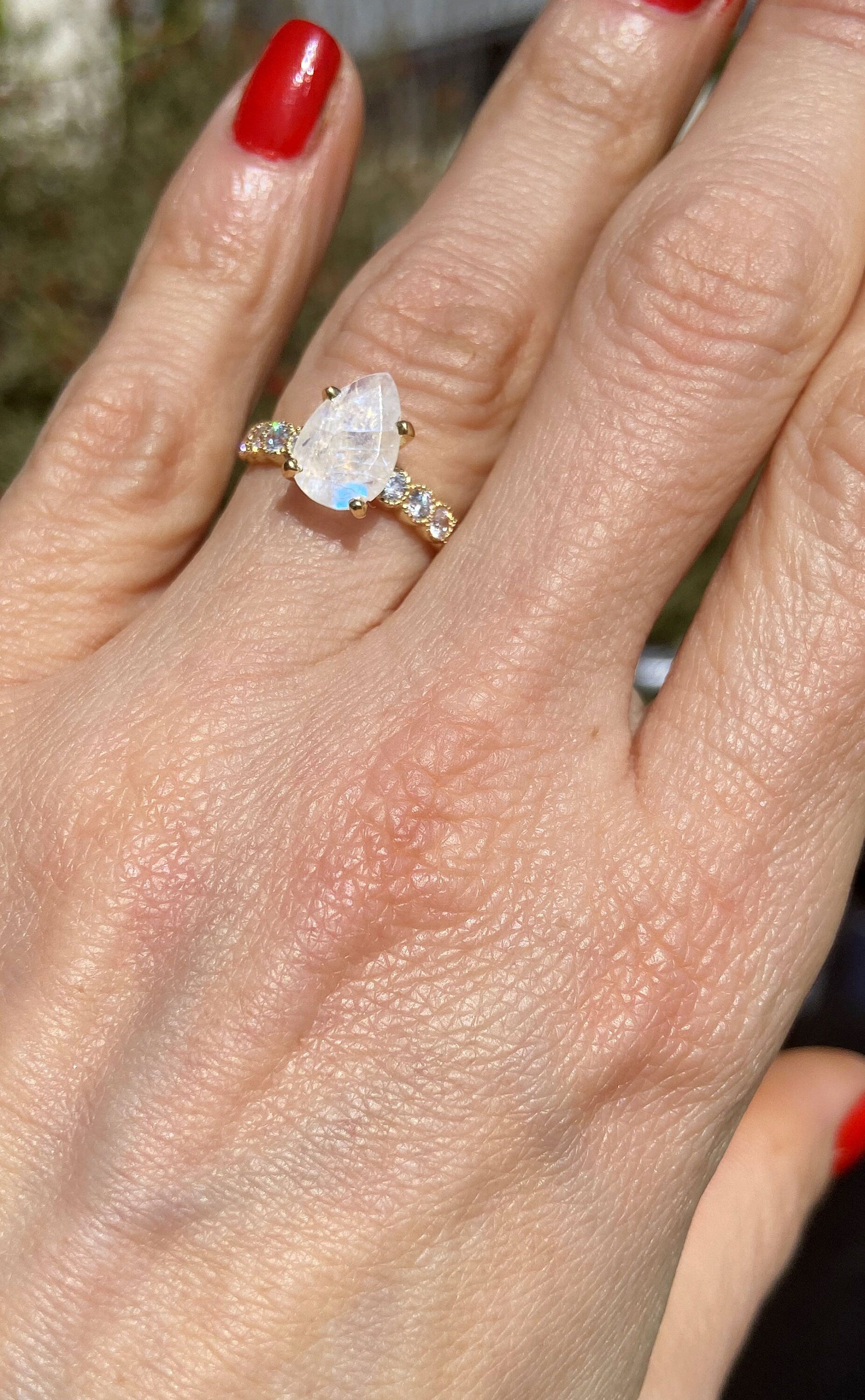 Rainbow Moonstone Ring - June Birthstone - Pear-Shaped Rainbow Moonstone Statement Engagement Ring with Clear Quartz Accents - H.L.Jewelry