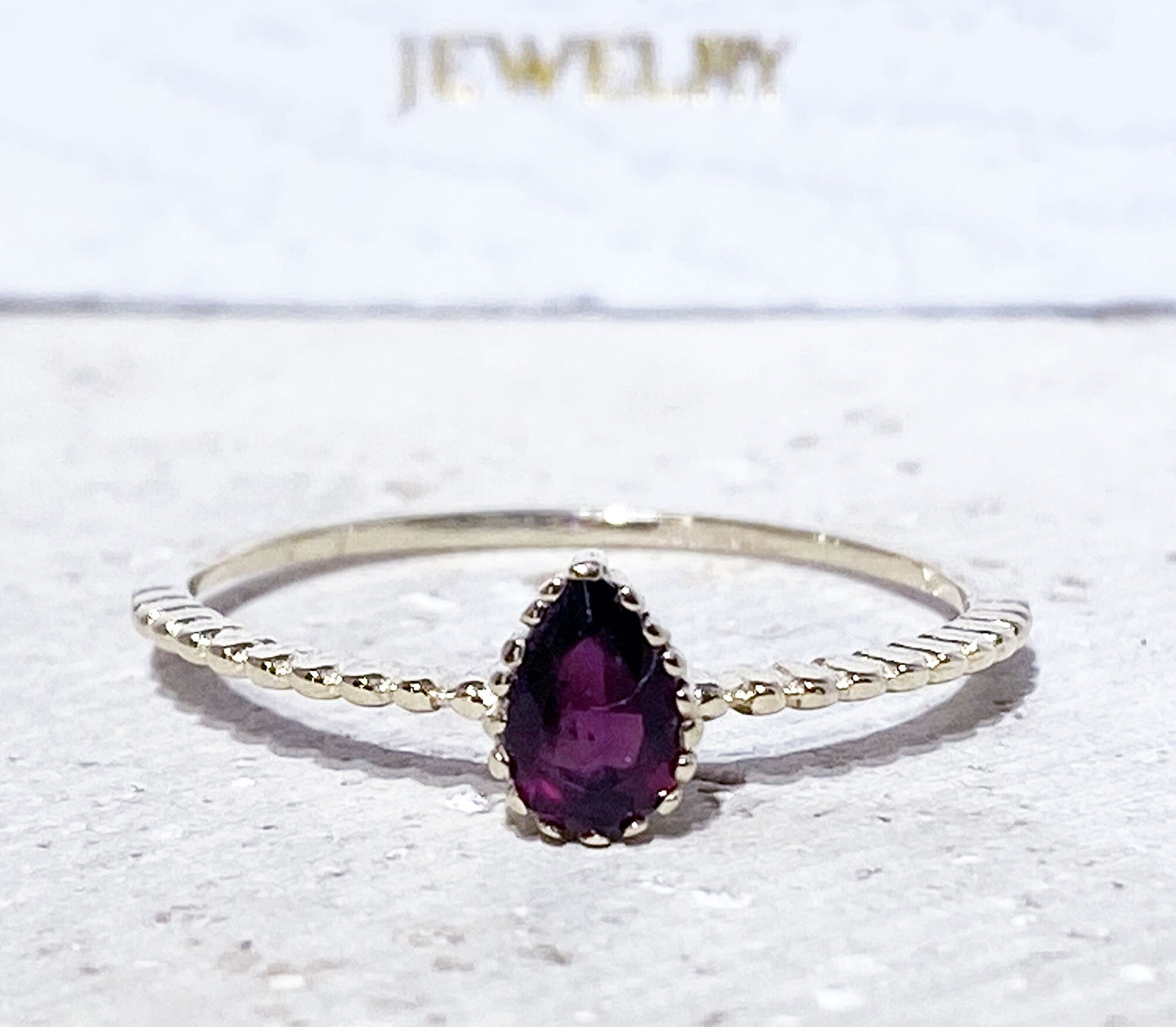 Red Garnet Ring - January Birthstone - Pear-Shaped Red Garnet Gemstone Delicate Simple Ring - H.L.Jewelry