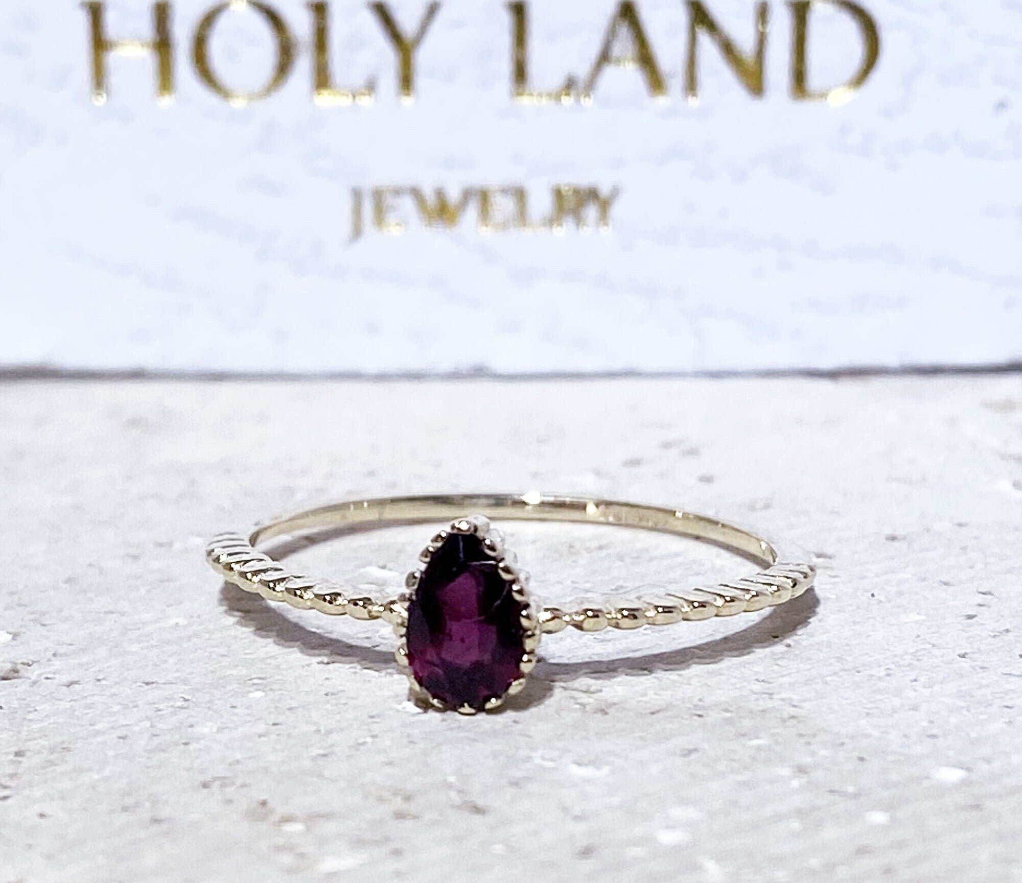 Red Garnet Ring - January Birthstone - Pear-Shaped Red Garnet Gemstone Delicate Simple Ring - H.L.Jewelry