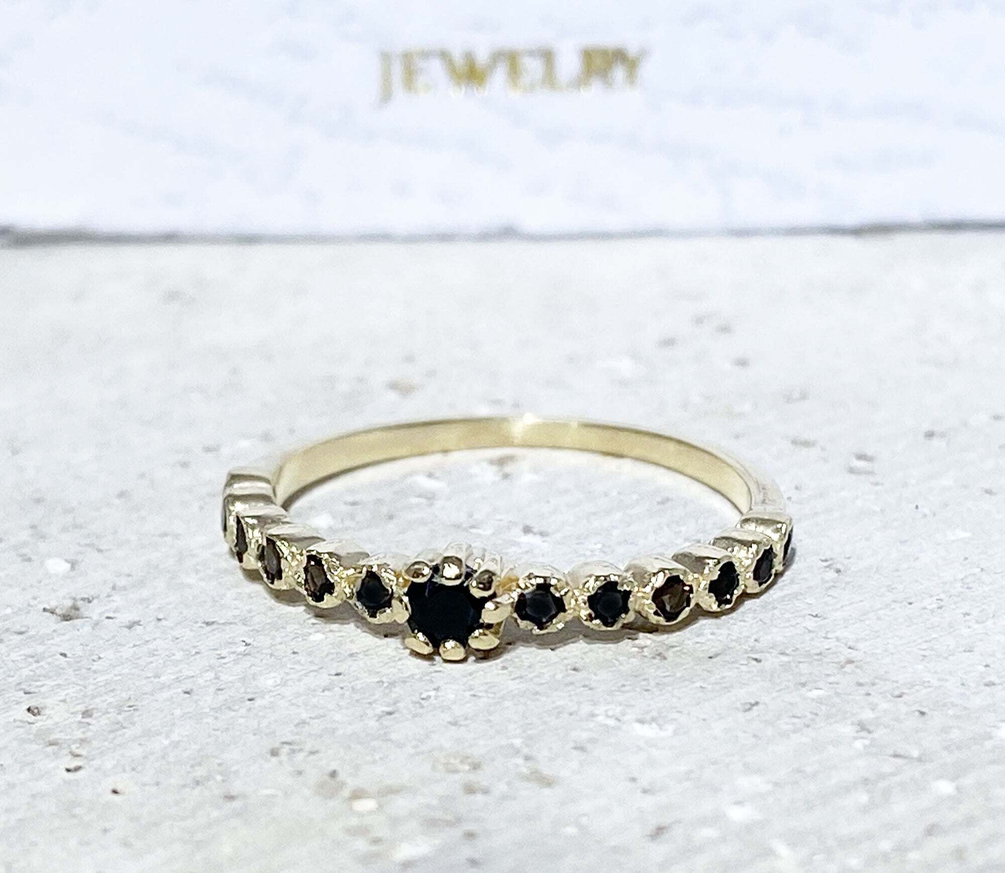 Black Onyx Ring - December Birthstone - Delicate Stacking Ring with Thirteen Round Black Onyx Gemstones - H.L.Jewelry