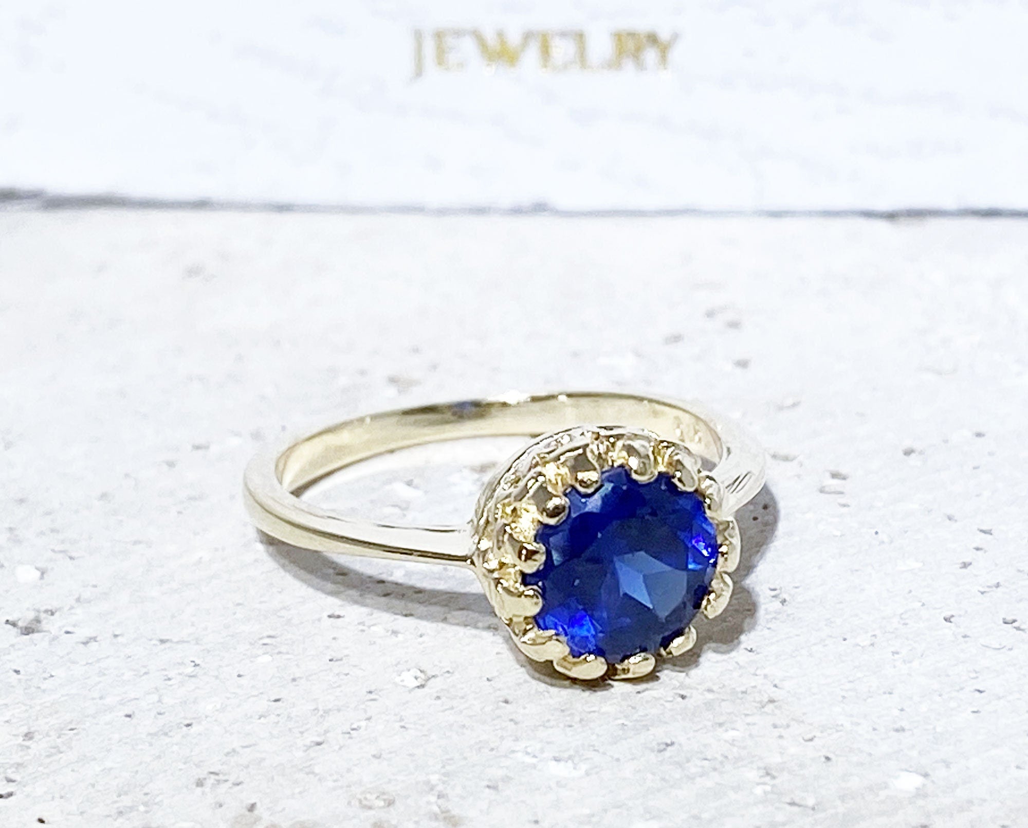 Blue Sapphire Ring - September Birthstone - Blue Sapphire Gemstone Round Crown Ring - H.L.Jewelry