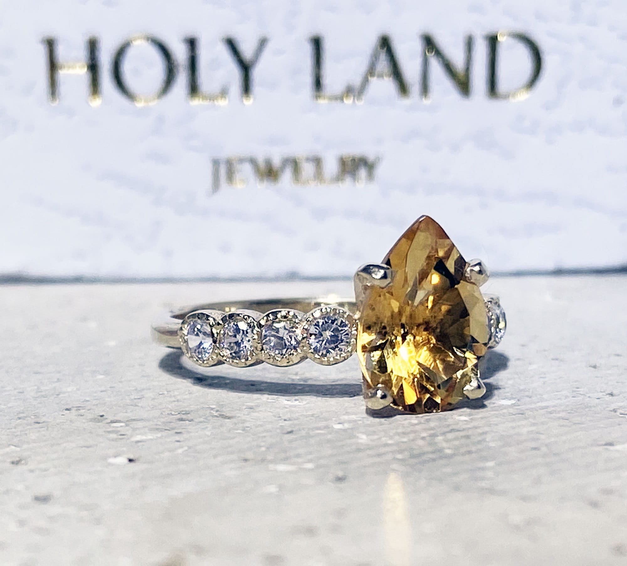 Citrine Ring - November Birthstone - Pear Shape Citrine Statement Engagement Ring with Clear Quartz Accents - H.L.Jewelry