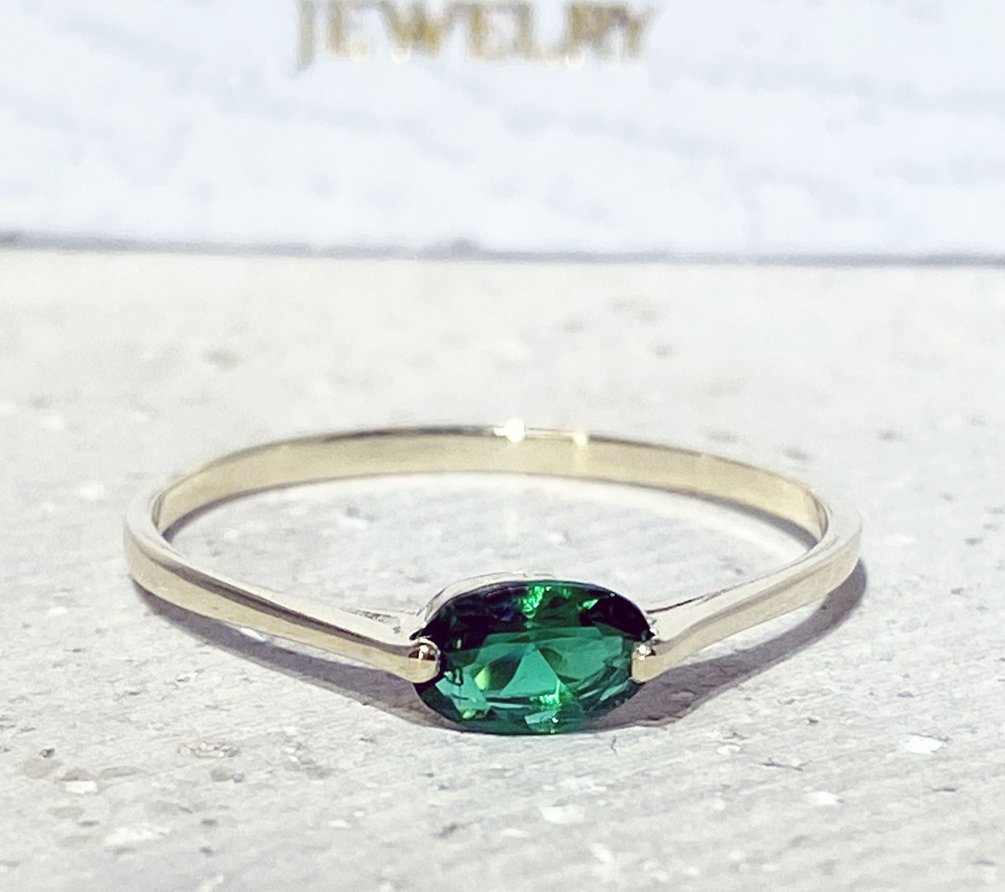 Emerald Ring - May Birthstone Jewelry - Delicate Simple Ring with Oval Emerald Gemstone - H.L.Jewelry