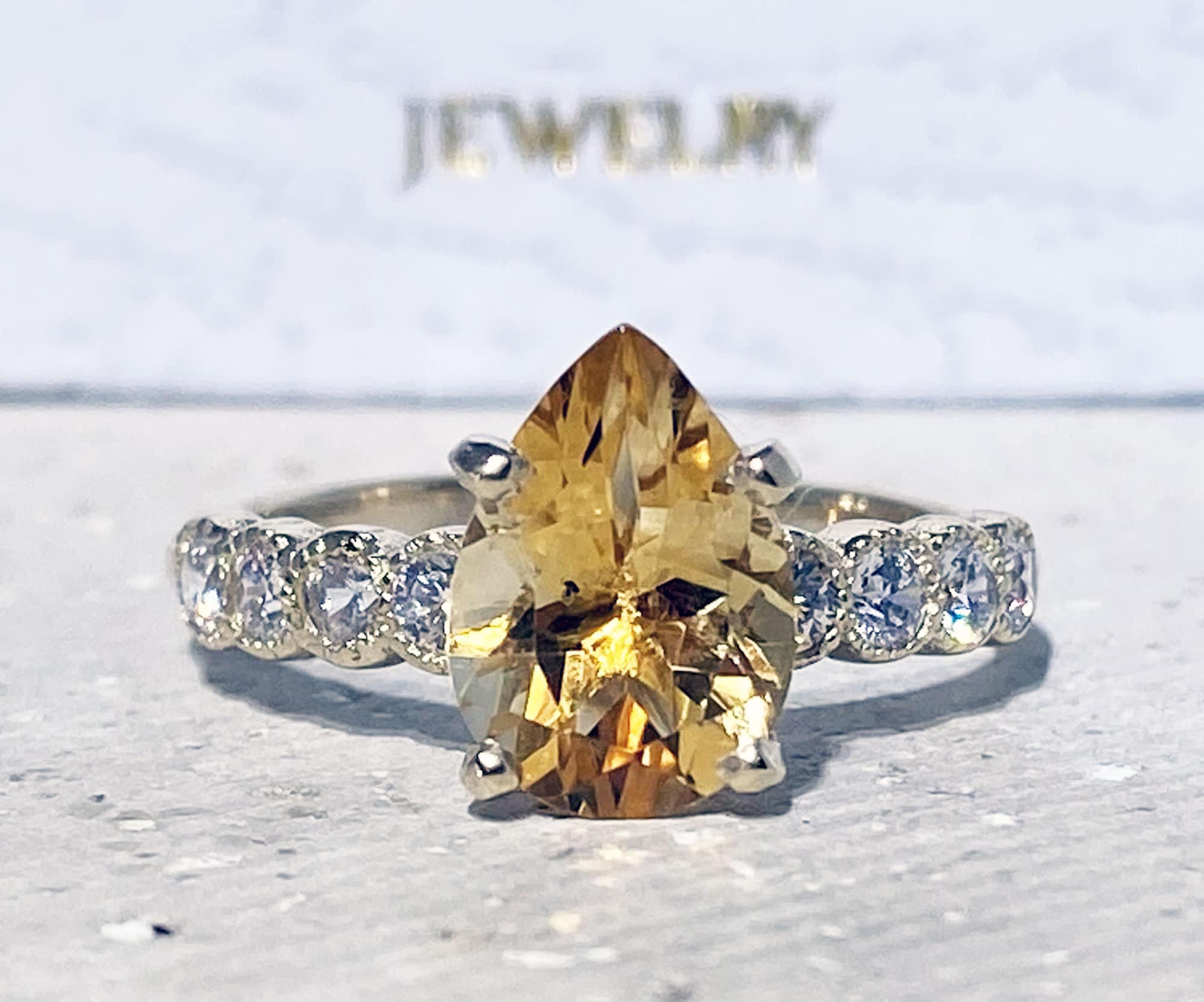 Citrine Ring - November Birthstone - Pear Shape Citrine Statement Engagement Ring with Clear Quartz Accents - H.L.Jewelry