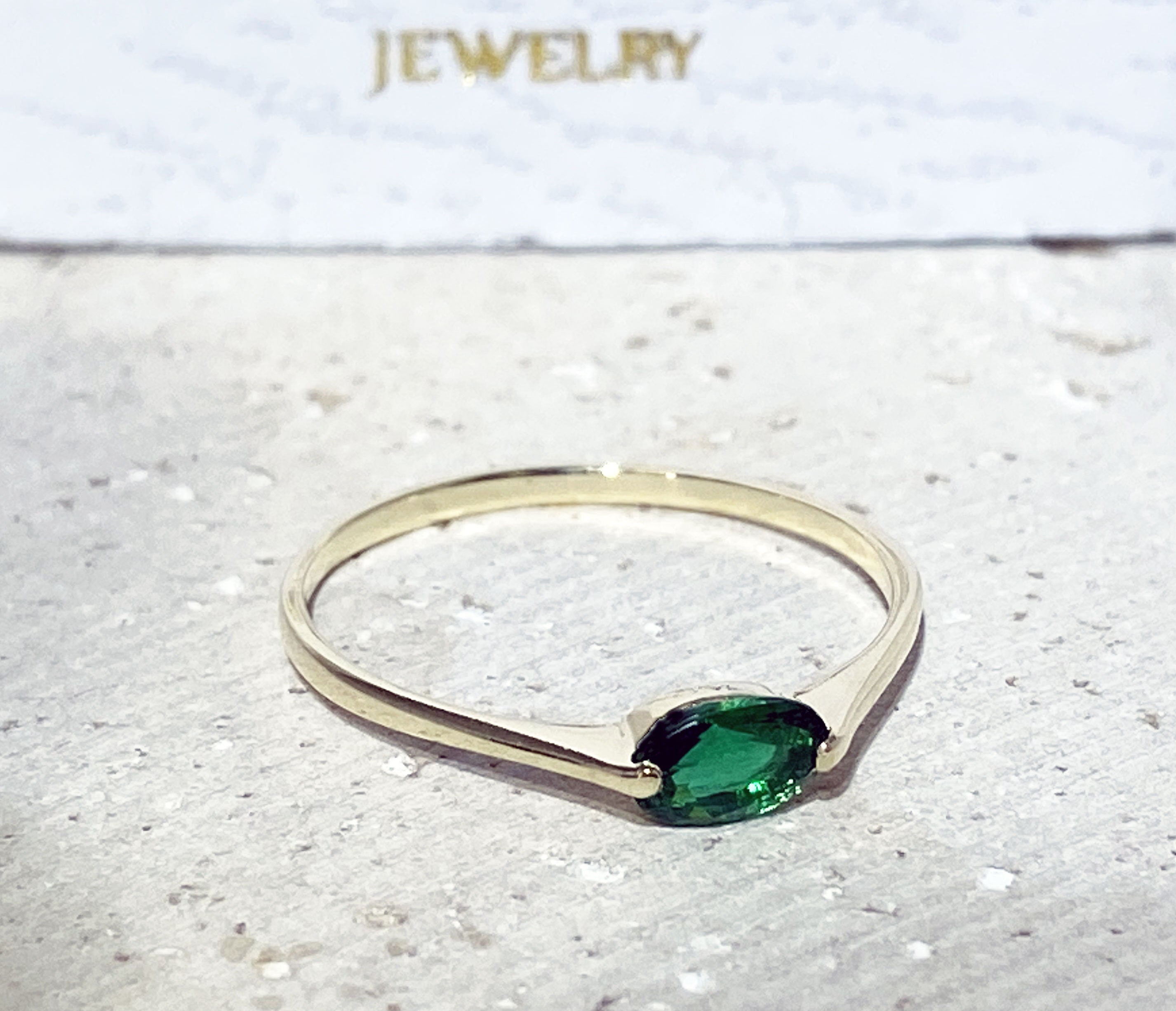 Emerald Ring - May Birthstone Jewelry - Delicate Simple Ring with Oval Emerald Gemstone - H.L.Jewelry