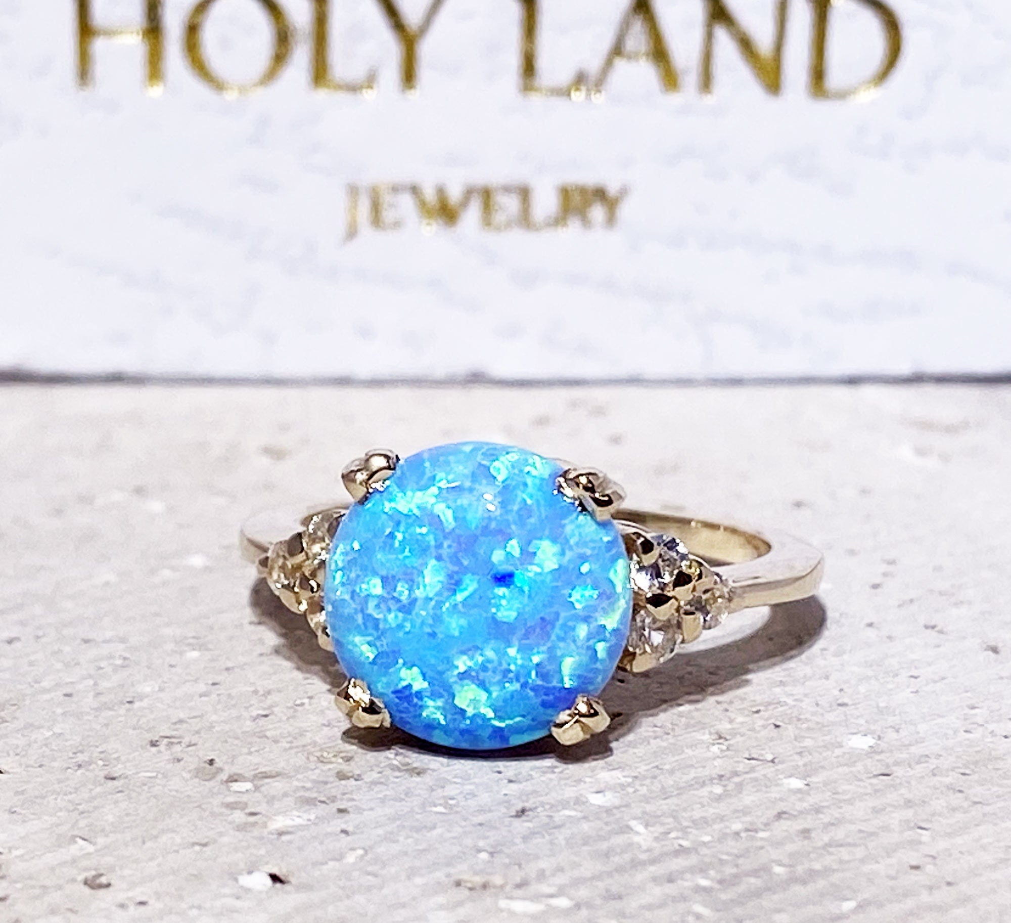 Blue Opal Ring - October Birthstone - Statement Engagement Ring with Round Blue Opal Middle Gemstone and Clear Quartz Accents - H.L.Jewelry