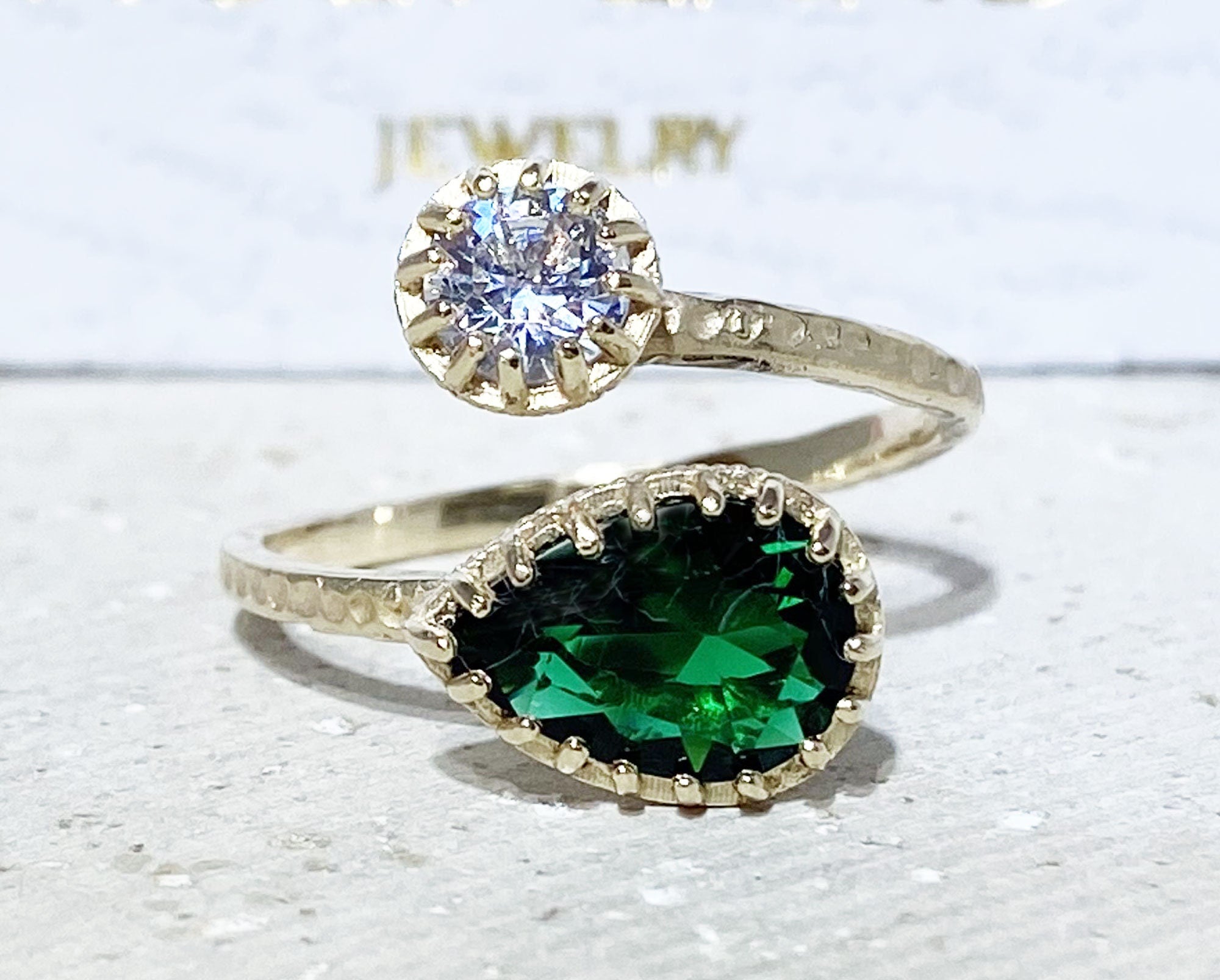 Dual Gemstone Ring - Two Birthstone Ring - Hammered Band Ring with Pear-Shaped Emerald and Round Clear Quartz Gemstones - H.L.Jewelry