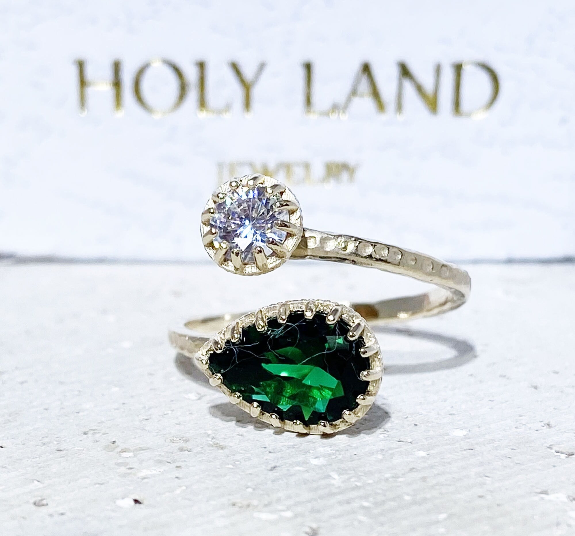 Dual Gemstone Ring - Two Birthstone Ring - Hammered Band Ring with Pear-Shaped Emerald and Round Clear Quartz Gemstones - H.L.Jewelry