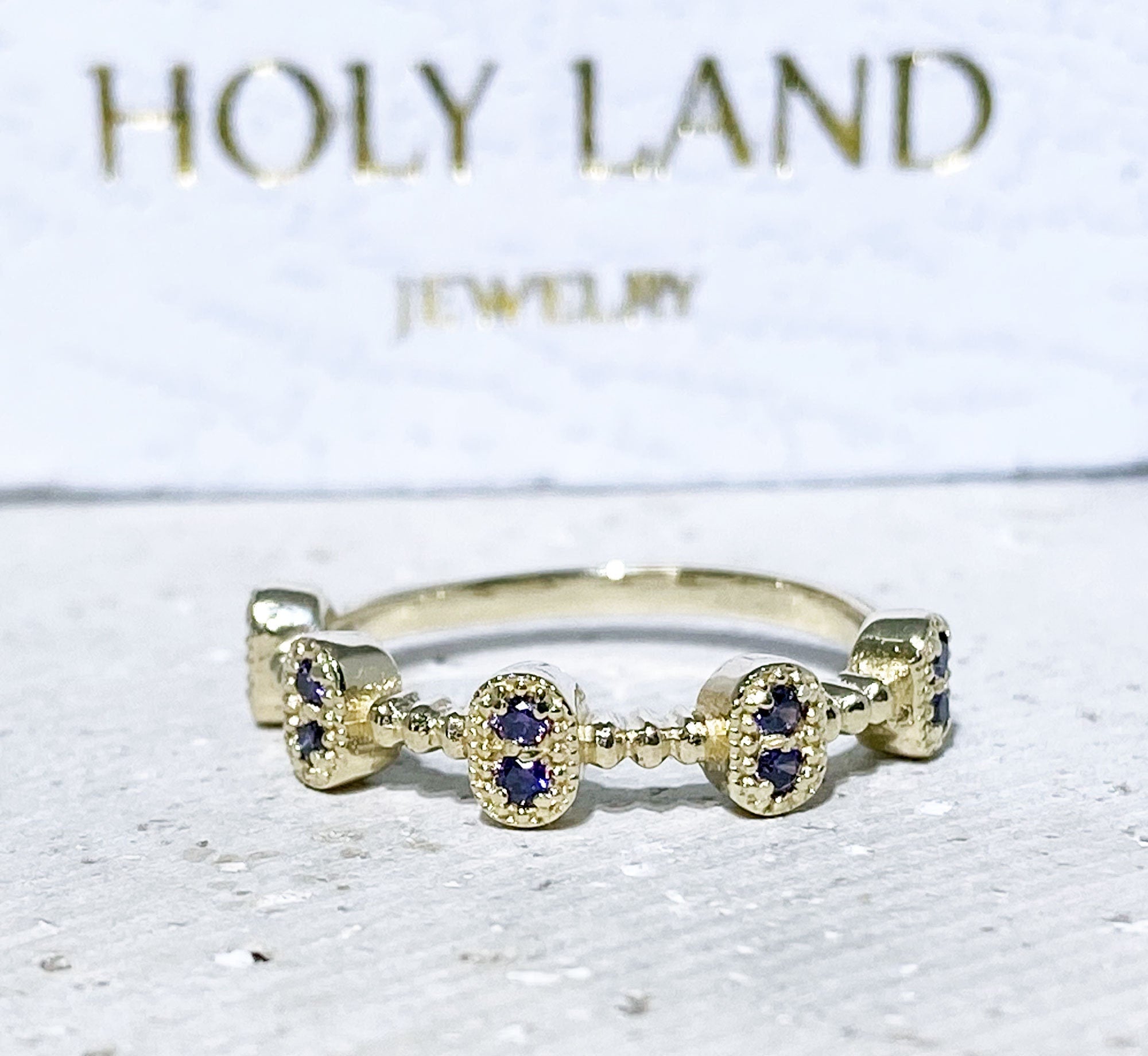 Amethyst Ring - February Birthstone - Bezel Ring with 10 Small Round Amethyst Gemstones - H.L.Jewelry