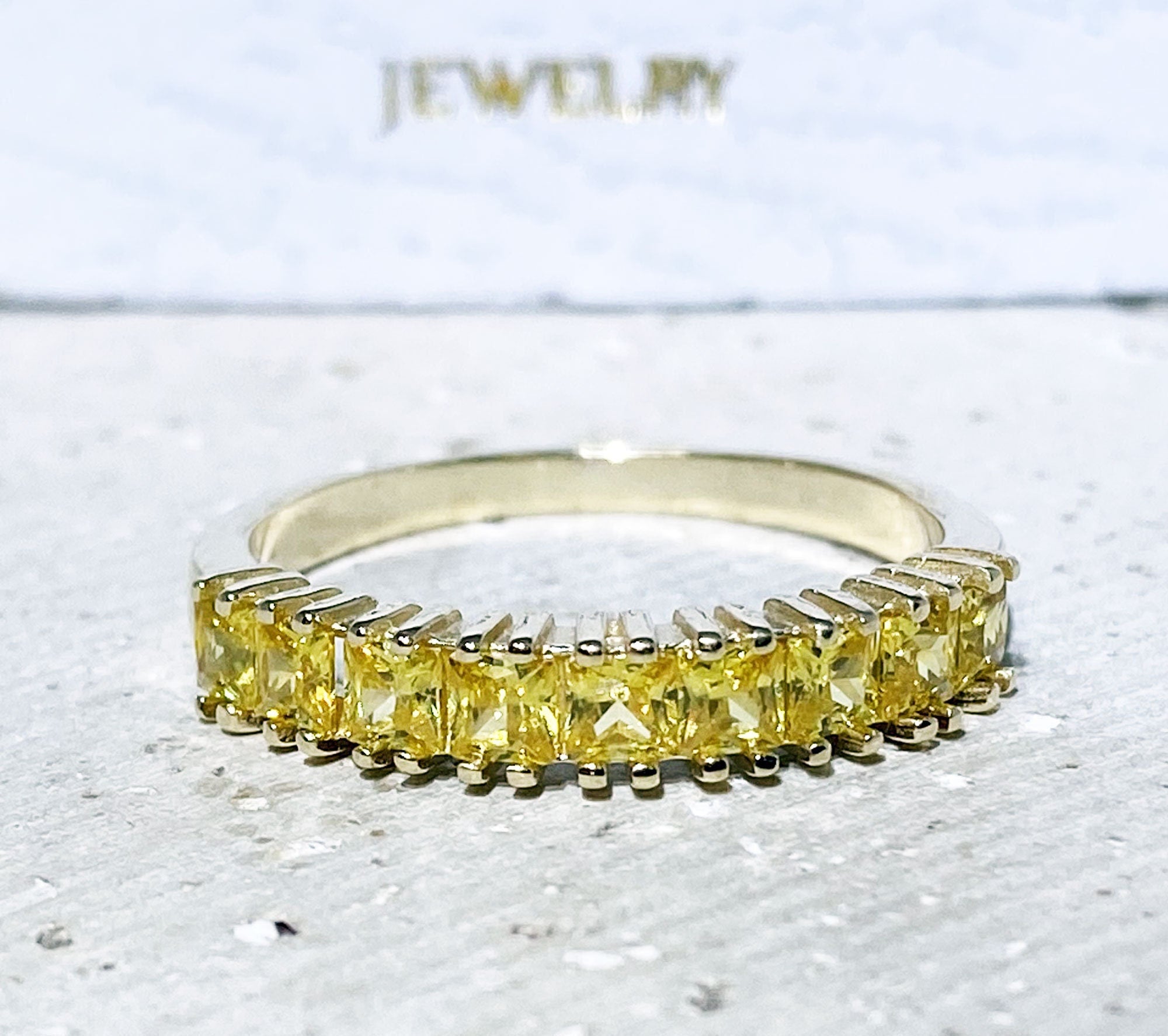 Yellow Citrine Ring - November Birthstone - Nine Yellow Citrine Gemstones Stacking Half Eternity Ring - H.L.Jewelry