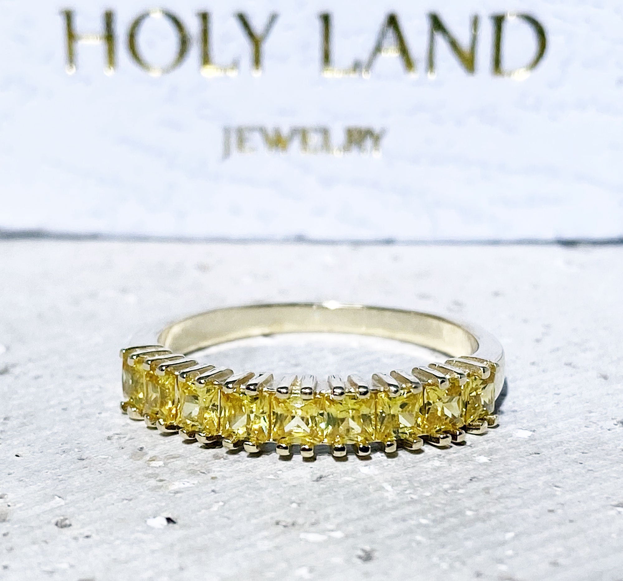 Yellow Citrine Ring - November Birthstone - Nine Yellow Citrine Gemstones Stacking Half Eternity Ring - H.L.Jewelry