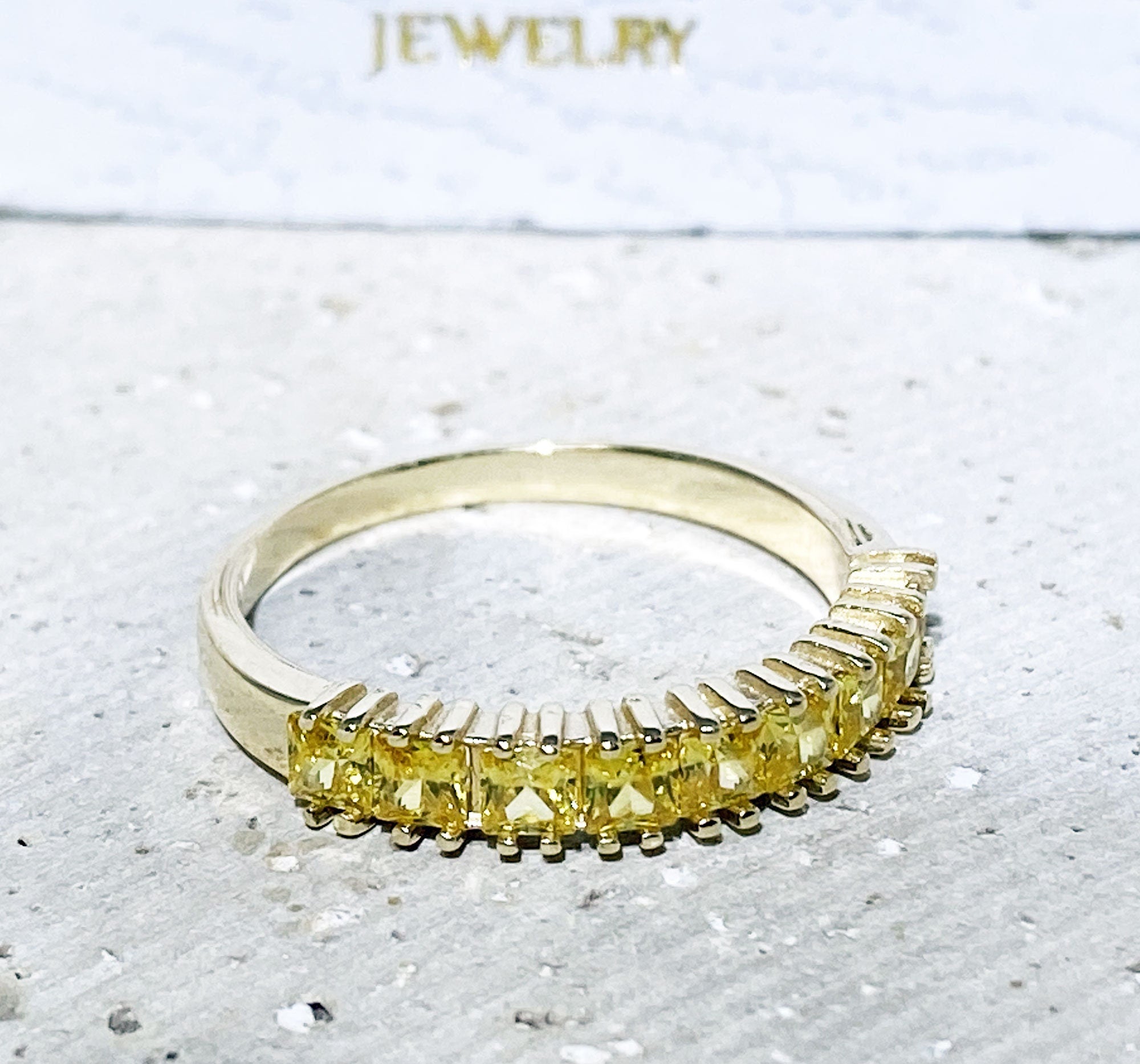 Yellow Citrine Ring - November Birthstone - Nine Yellow Citrine Gemstones Stacking Half Eternity Ring - H.L.Jewelry