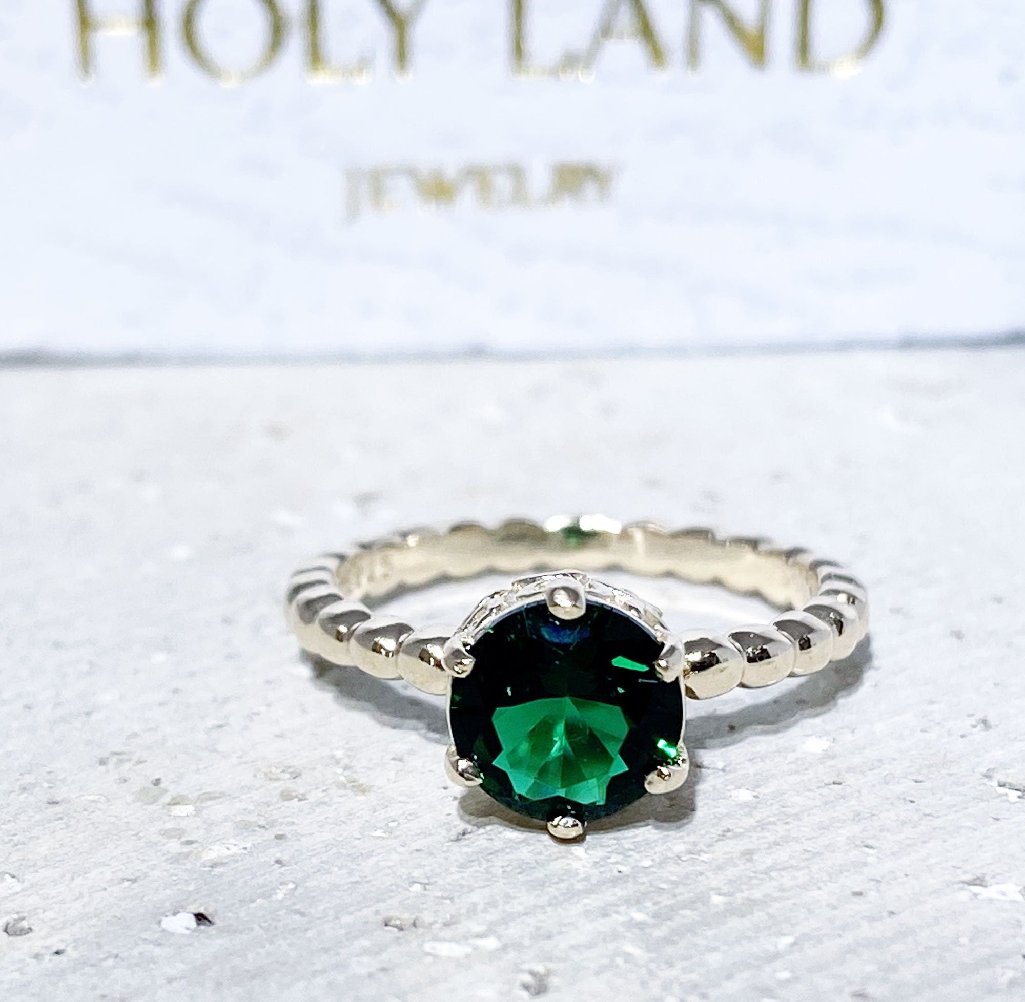 Emerald Ring - May Birthstone - Round Emerald Gemstone Beaded Band Ring - H.L.Jewelry