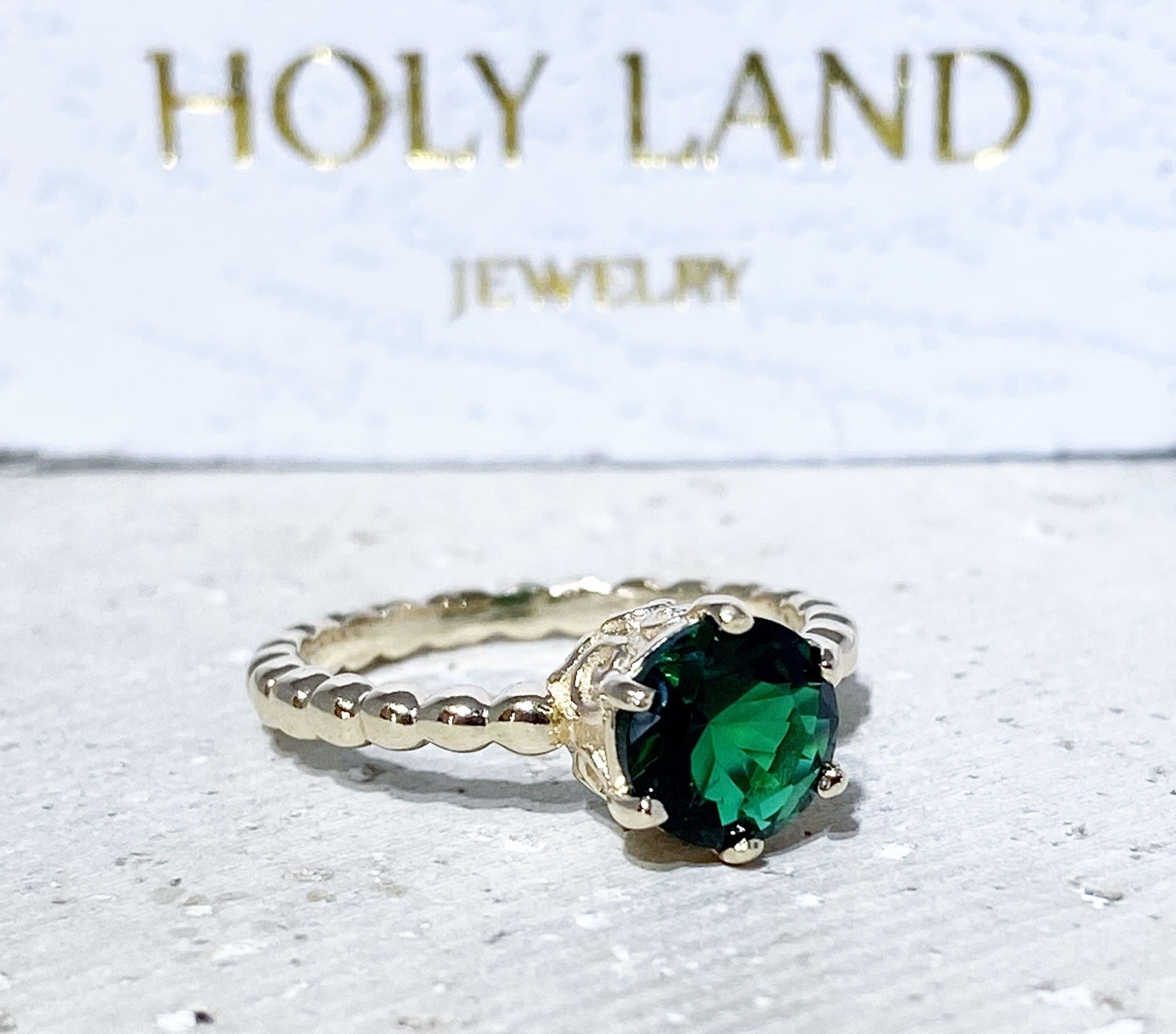 Emerald Ring - May Birthstone - Round Emerald Gemstone Beaded Band Ring - H.L.Jewelry