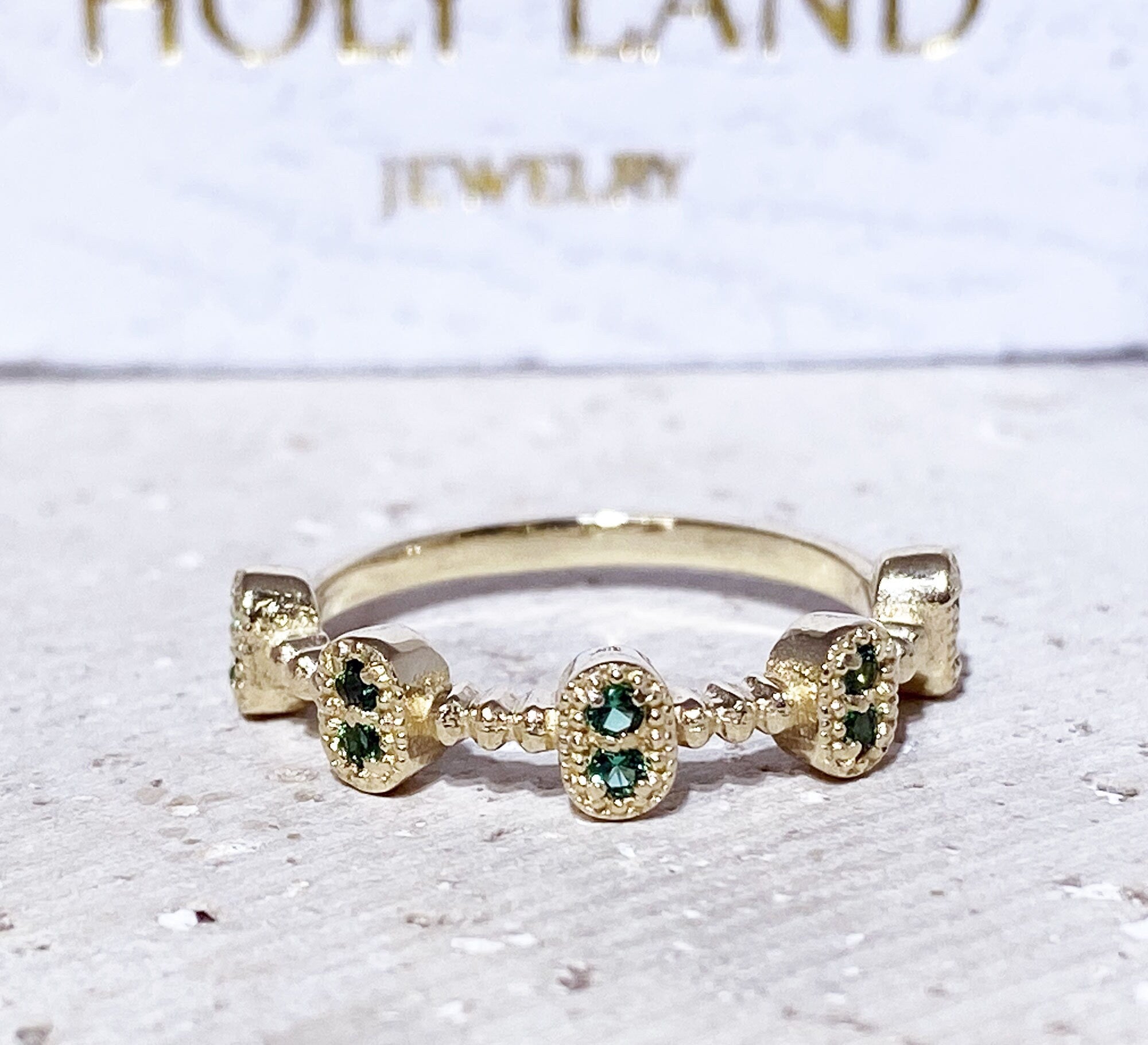 Emerald Ring - May Birthstone - Five Bezel-Sets Ring with Emerald Accents - H.L.Jewelry