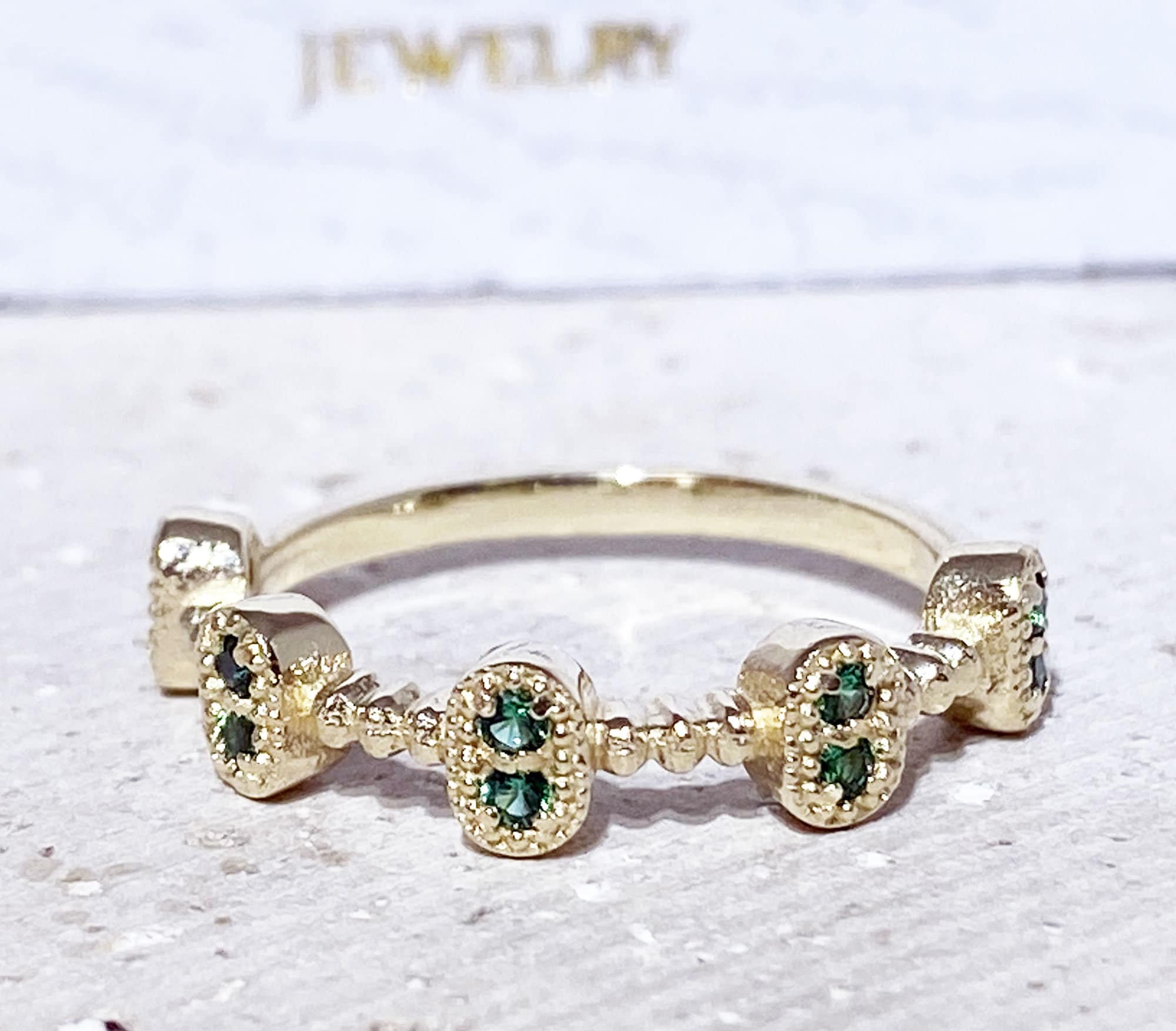 Emerald Ring - May Birthstone - Five Bezel-Sets Ring with Emerald Accents - H.L.Jewelry