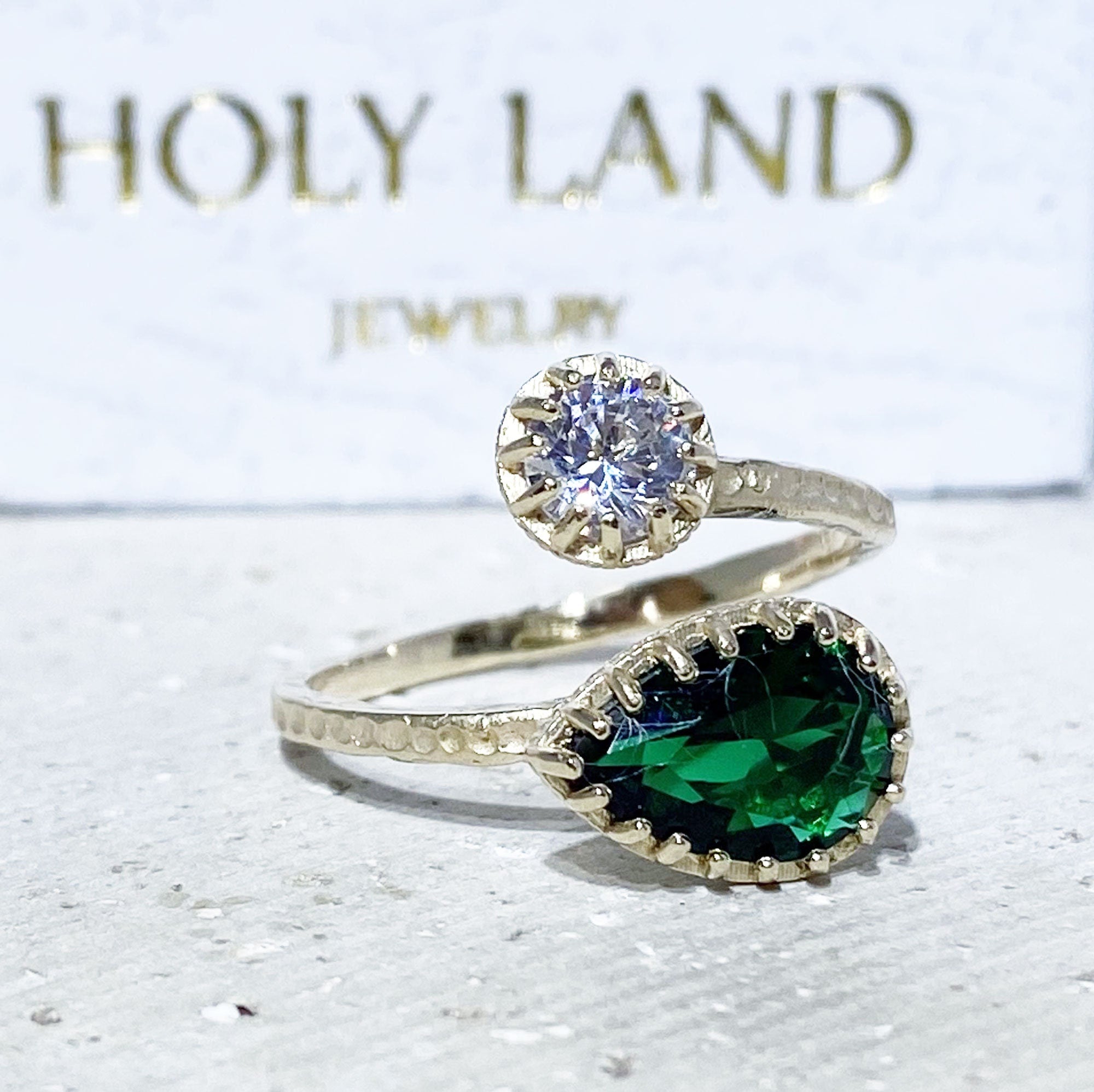 Dual Gemstone Ring - Two Birthstone Ring - Hammered Band Ring with Pear-Shaped Emerald and Round Clear Quartz Gemstones - H.L.Jewelry