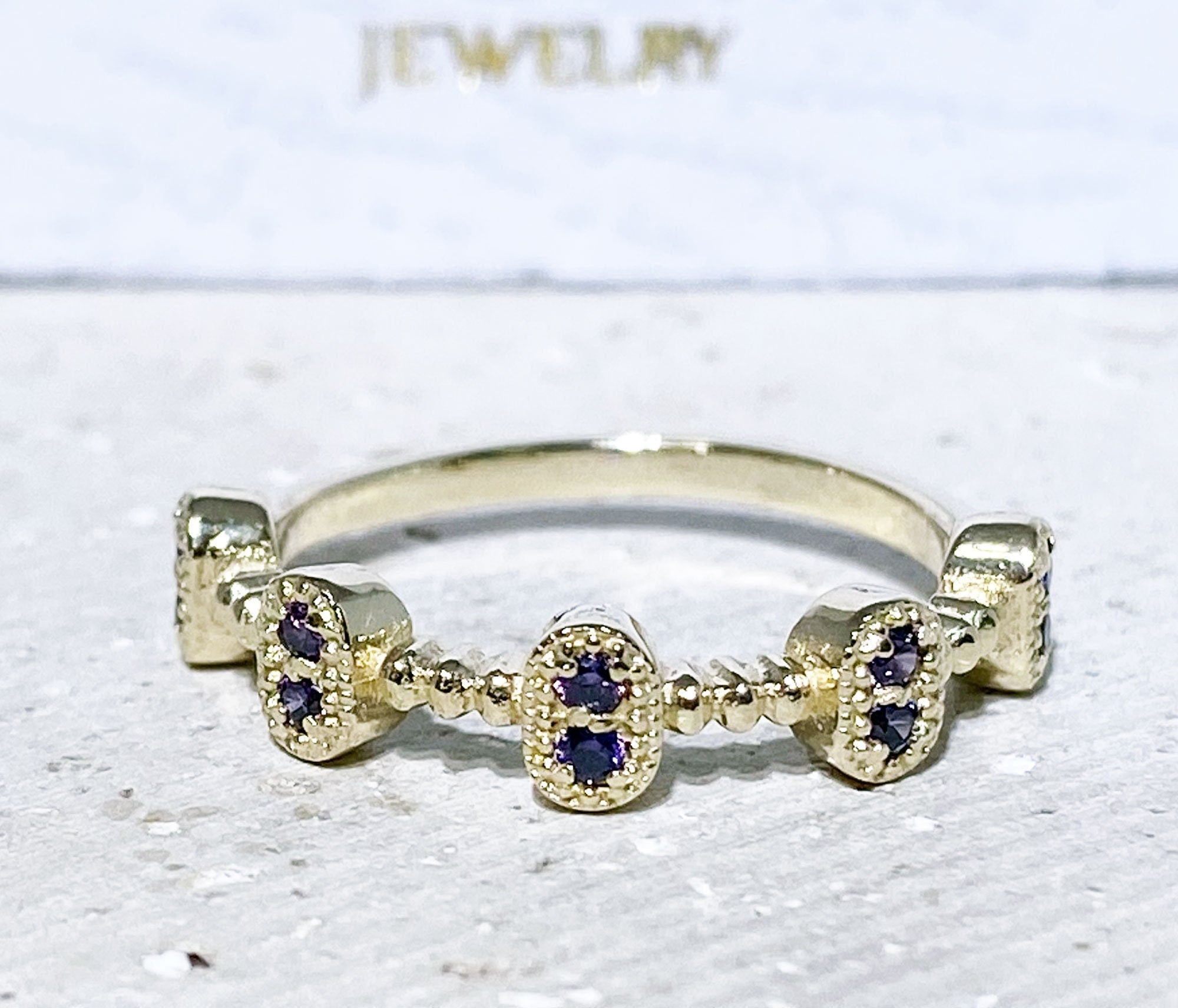 Amethyst Ring - February Birthstone - Bezel Ring with 10 Small Round Amethyst Gemstones - H.L.Jewelry