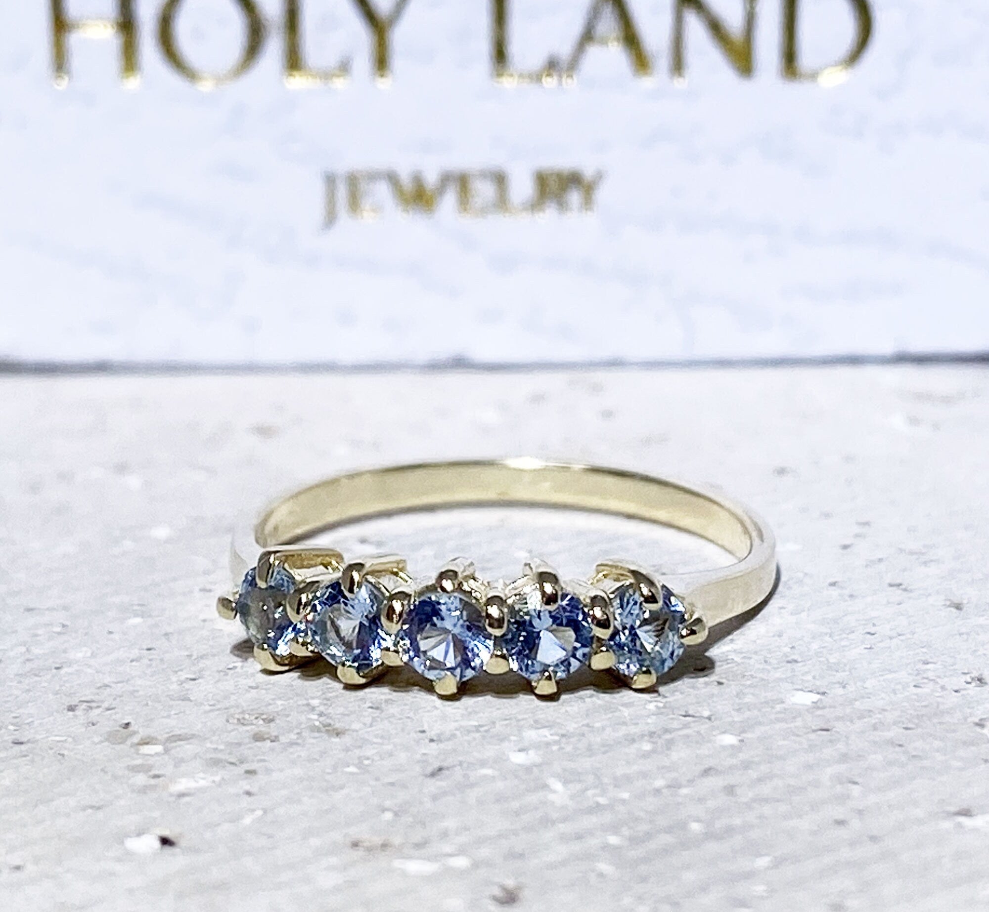 Aquamarine Ring - March Birthstone - Stacking Ring with Five Round Aquamarine Gemstones - H.L.Jewelry