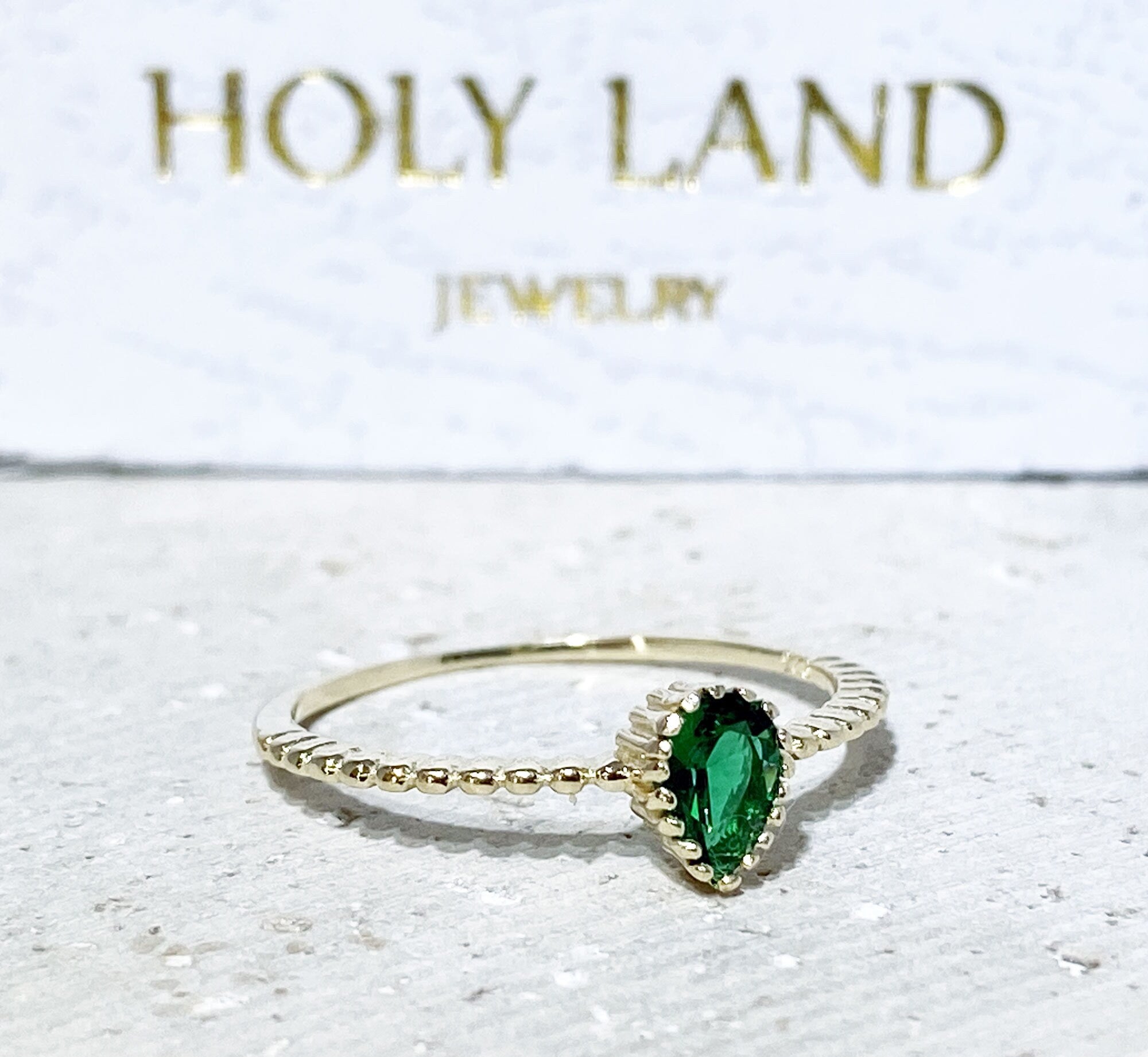 Emerald Ring - May Birthstone - Pear-Shaped Emerald Gemstone Tiny Stacking Ring - H.L.Jewelry