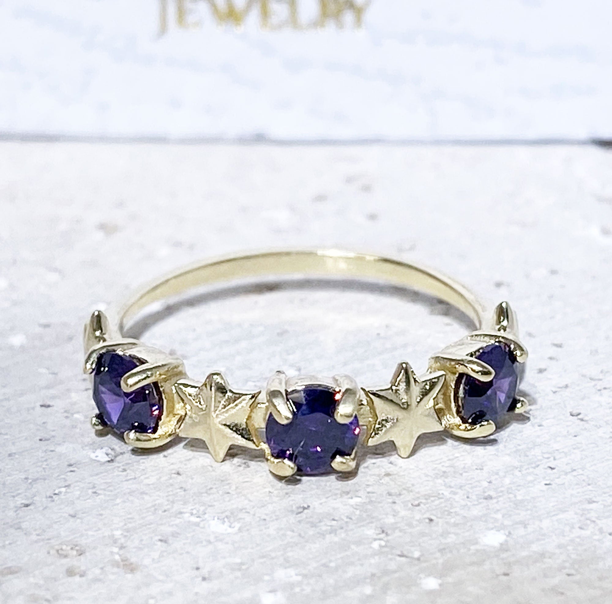 Amethyst Ring - February Birthstone - Delicate Ring with Three Amethyst Gemstones and Star Accents - H.L.Jewelry